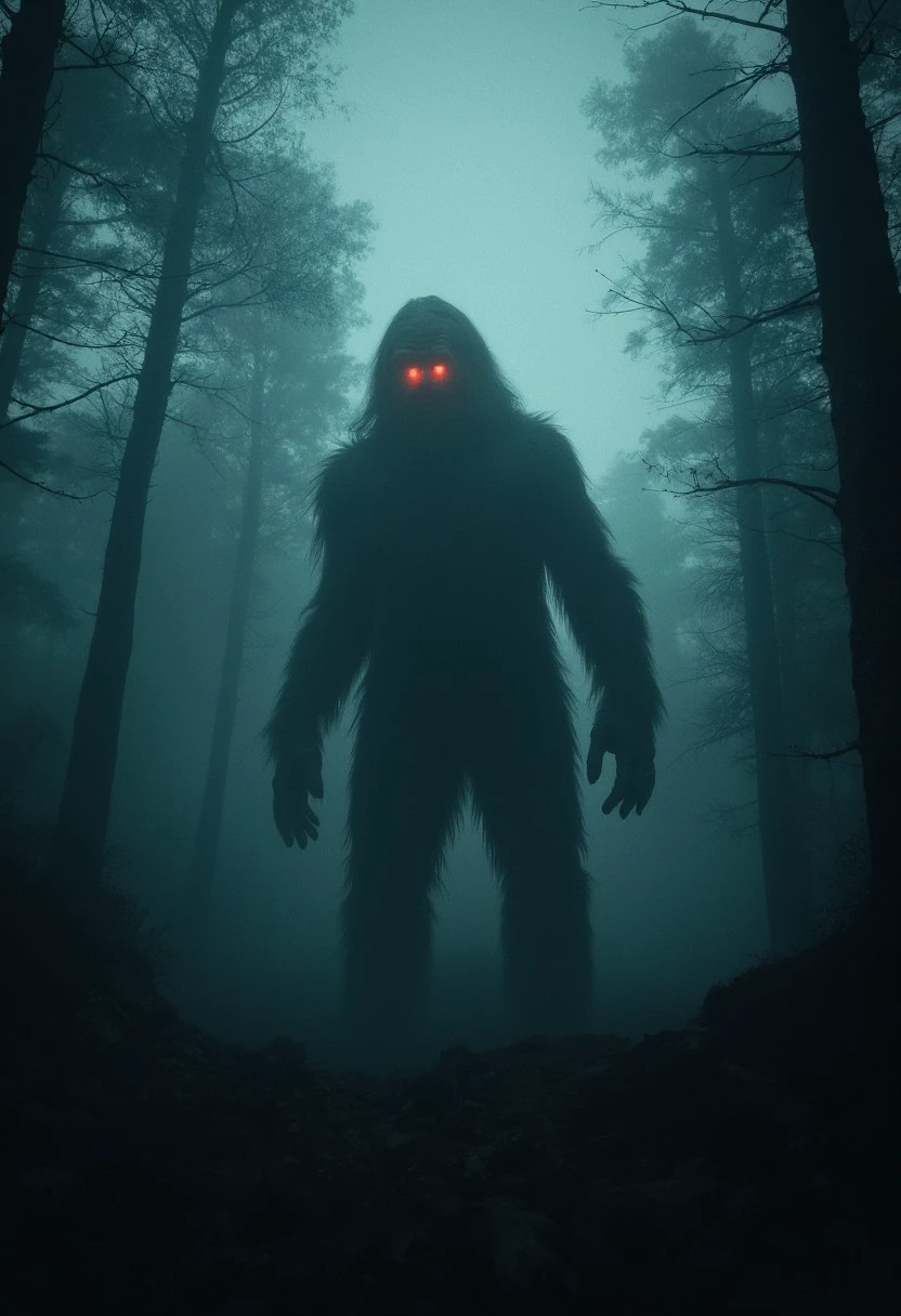 bigsquatch in a dark, fog-shrouded forest at night. The creature, depicted in full body, has glowing red eyes that pierce through the dense fog, adding a terrifying, otherworldly element to the scene. The forest is deeply shadowed, with limited light that enhances the eerie atmosphere, creating long, ominous shadows and a sense of foreboding. The fog weaves through the trees, adding to the unsettling and mysterious mood. The overall look should resemble a Kodak Motion Picture Film with a grainy, cinematic quality that heightens the sense of horror and intensity. The creature’s menacing presence, combined with the atmospheric lighting and fog, should evoke a chilling and terrifying experience.