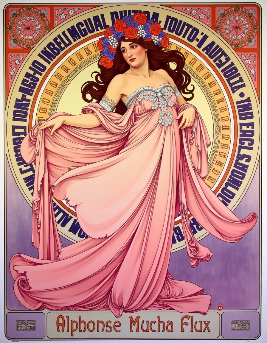 <lora:Alphonse Mucha_epoch_8:1>, mucha_style, a painting by Alphonse Mucha, text that reads "Alphonse Mucha Flux"