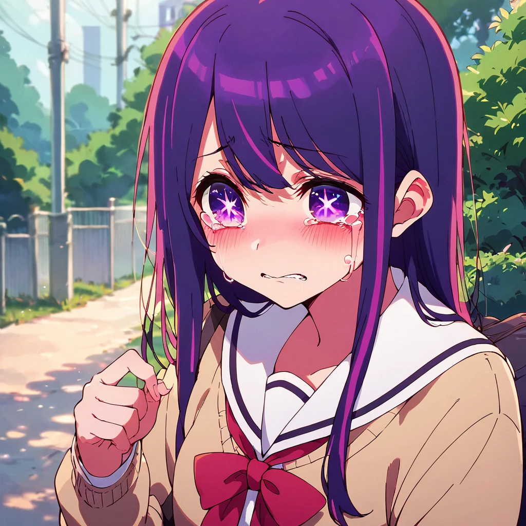 score_9, score_8_up, score_7_up, score_6_up,hoshinoai,purple_eyes, school_uniform, crying with eyes open