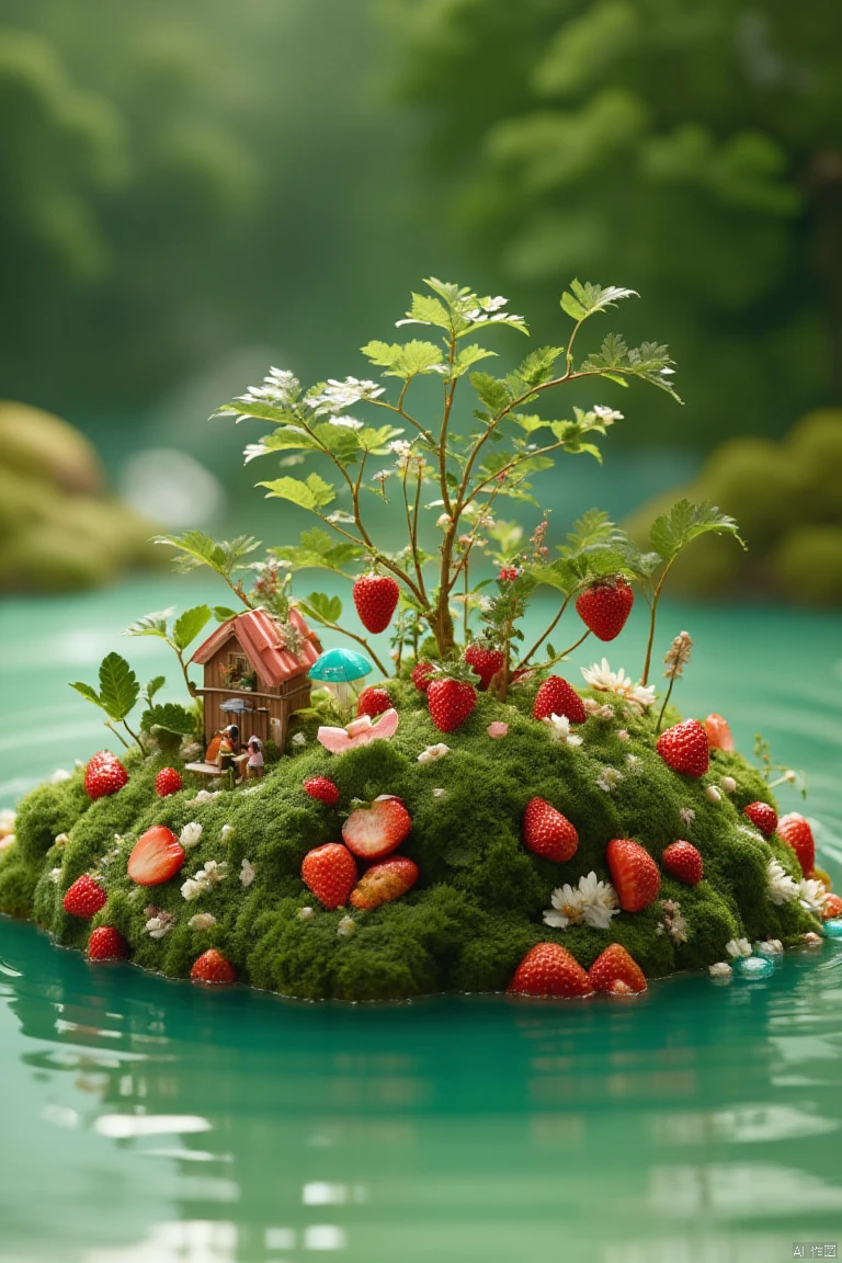 a miniature model of a small island is situated in a body of water. The island is made up of green moss
and is adorned with red strawberries
white flowers
and green leaves. There is a small wooden house
adorned with a red roof
and a few people standing in front of the house. The house is situated on the left side of the island
with a small porch on the right side. The water is a vibrant shade of green
and there are small ripples in the water. A small blue umbrella is floating on the water
adding a pop of color to the scene. The background is blurred
suggesting a natural setting.