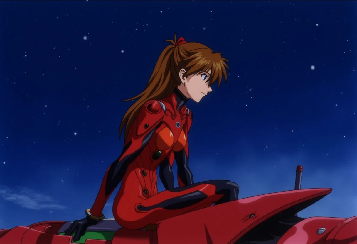 A detailed solo portrait of ppasuka. She has chestnut brown  hair.
ppasuka, in red plug suit, sits under the starry sky on the shoulder of mecha EVA-02. She is looking at the distance, looking quite preoccupied. Side profile, highly detailed. 
anime still, highly detailed. No flat color, no hand drawn, no fan art.
anime.
 <lora:Asuka_Langley_flux_prototype_v2-000010:1>