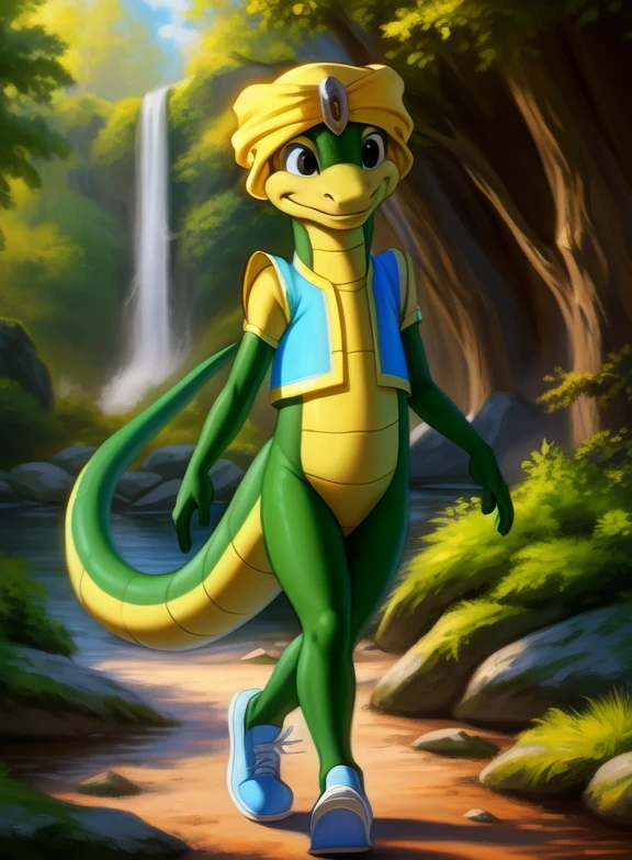 <lora:TillEfreetiDom:0.9> TillEfreeti, lizard, turban, yellow blue vest, chibi, blue shoes, 
[  solo, (nature), forest, day, clouds, waterfall,  smile,]  (( walking, ))
(beautiful, aesthetic, perfect, delicate, intricate, saturated colors), masterpiece, digital drawing, best quality,
[by personalami], by smitty g, [[[by Foxovh]]], [[by Ross Tran]]