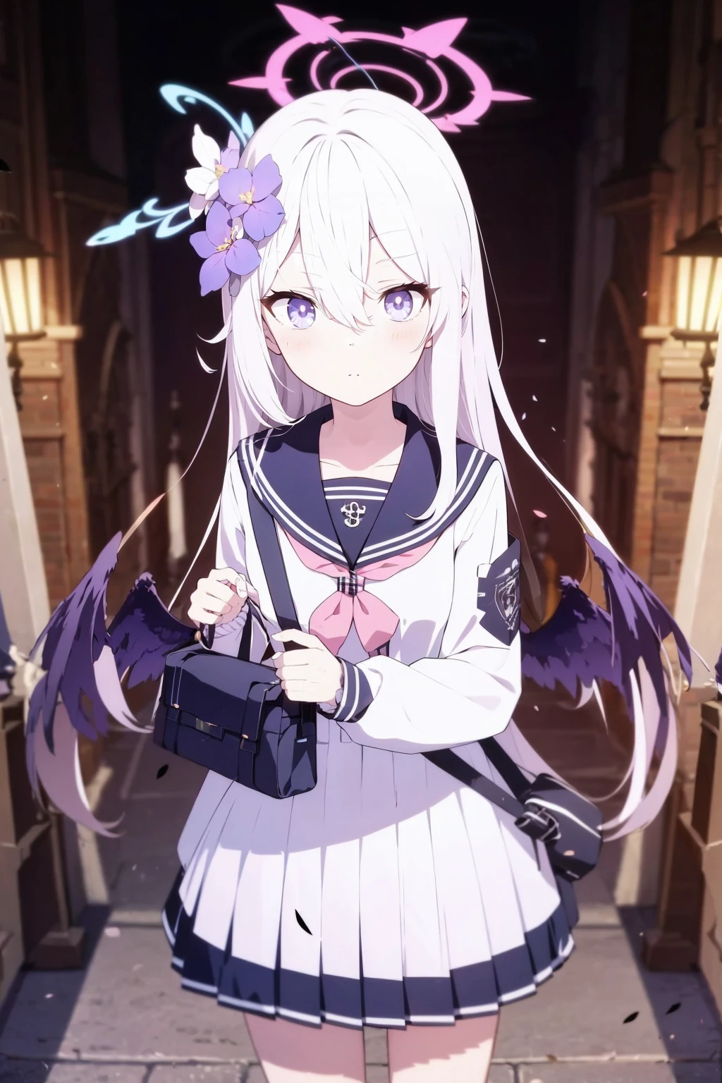 Blue Archive, azusa \(blue archive\), school uniform, flower, multiple girls, hair ornament, hair flower, long hair, wings, looking at viewer, black sailor collar, sailor collar, skirt, white hair, hair between eyes, white wings, halo, closed mouth, purple eyes, long sleeves, bag, purple flower, 4girls, pleated skirt, solo focus, serafuku, crossed bangs