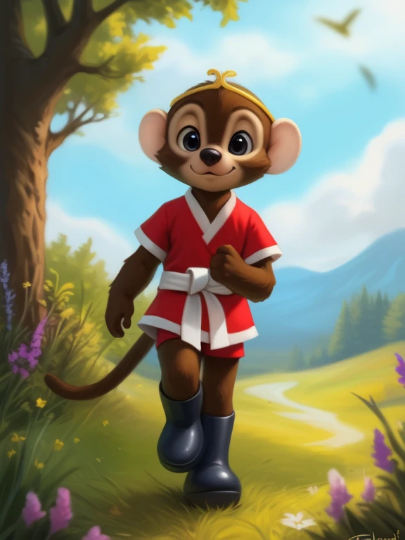 <lora:TezOsaMonBokSonDom:1>  TezOsaMonBokSon, primate, monkey, red shirt, white belt, golden headband, black boots, chibi, 
(solo focus), Looks at the viewer,   (walking, ,)
[ large window, day, (nature), forest, grass, day shining, clouds, flowers,  candles,](solo focus),
(beautiful, aesthetic, perfect, delicate, intricate, saturated colors), masterpiece, digital drawing, best quality,
by ulitochka, by taran fiddler, by Silverfox5213, by personalami,