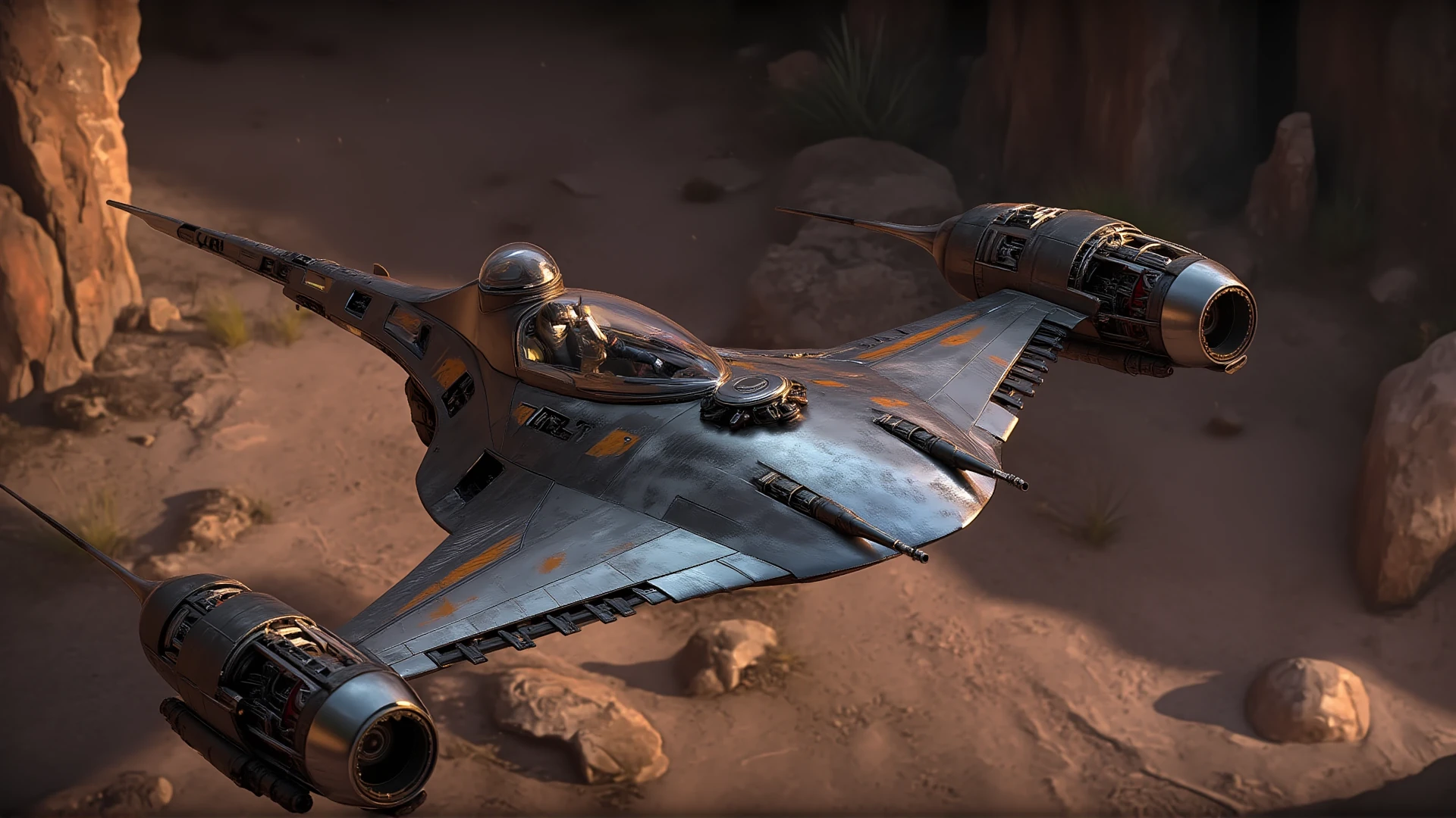 a Photo of a N1 Starfighter,flying over an alien planet,manalorian pilot,(in orbit:1.3),stars in background,Star Wars,Lucasfilm,beautiful Composition,sharp focus,dramatic camera angle, <lora:N1_Starfighter:1>, <lora:MJvSX_Flux_LoRa_v1:1>