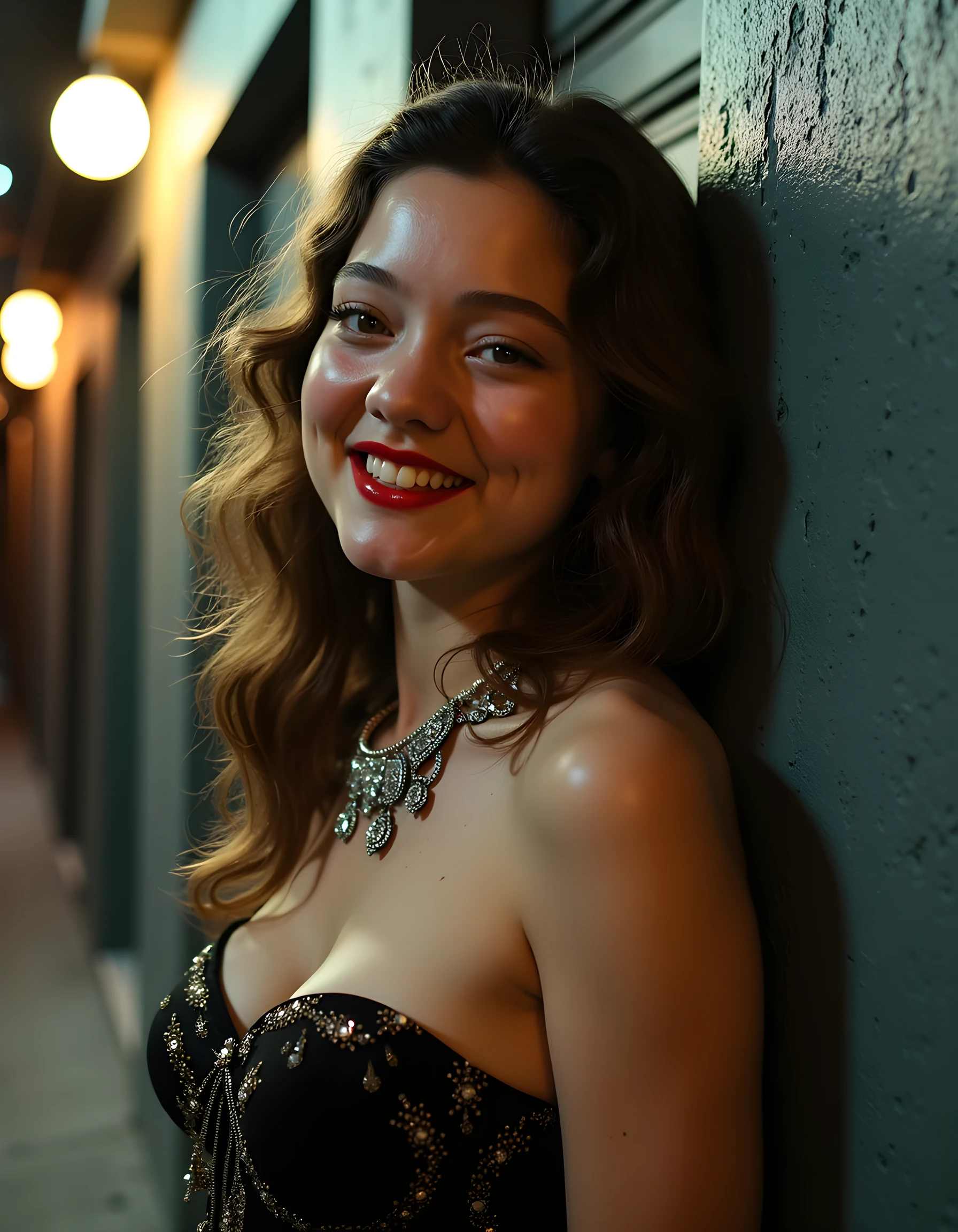 [white-skinned woman:1.2, long curly hair:1.2, elegant red sundress, deep neckline, snub-nosed, bright brown eyes], awesome naked breasts, VSCO filter: C8, big nipples