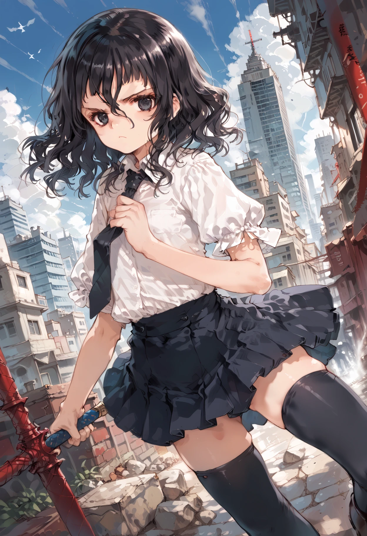 score_9,score_8_up,score_7_up,source_anime BREAK 1girl,solo,
<lora:thouka_p_v1.1:1>,thouka,black hair,black eyes,hair between eyes,white blouse,black tie,navy blue pencil skirt,black_thighhighs,loafers,<lora:Fixhands_anime_bdsqlsz_V1:1>,
cinematic_angle,looking_at_viewer,city,fighting_stance,serious,