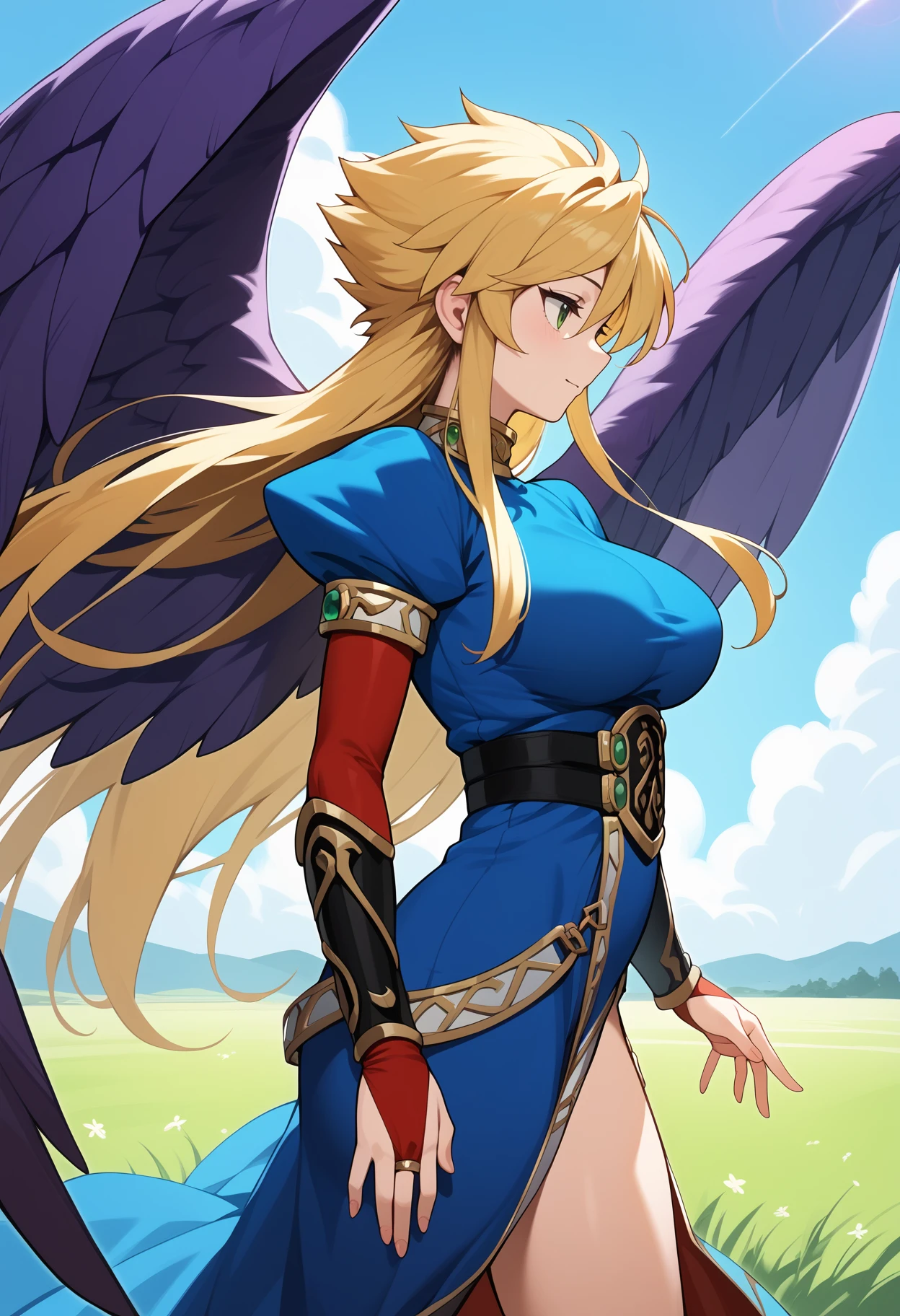 score_9, score_8_up, score_7_up, score_6_up, score_5_up, score_4_up, source_anime, aanina, long hair, blonde hair, green eyes, large breasts, feathered wings, purple wings, blue dress, puffy sleeves, bridal gauntlets, side slit, <lora:nina_bof2_ponyxl_v1:0.9>, from side, wind, field, looking at another, standing, cowboy shot, solo