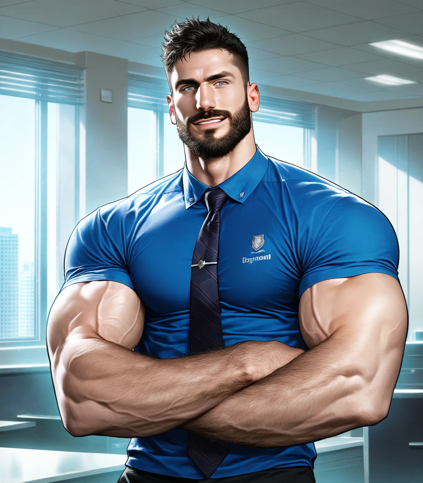 score_9, score_8, score_7, score_6_up, 1boy, male, solo, yoav even, tight shirt, short sleeves, necktie, standing, big biceps, muscular, beard, grey eyes, looking at you, realistic, veiny arms, vascular arms, arm hair, warm smile, blake alexander, best details, 2023, sfw, office, desk, skyscrapers in the background, large windows, daylight