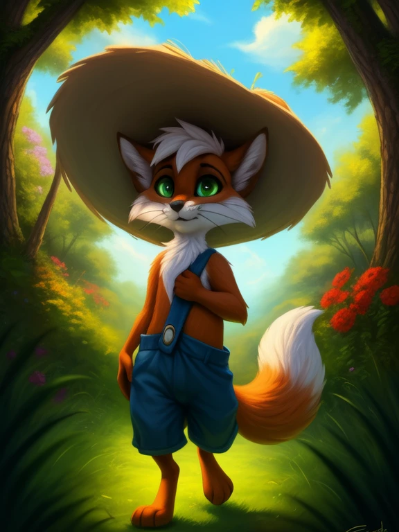 <lora:FoxHucFinDom:1>  FoxHucFin, fox, red fur, green eyes,  white sclera, blue pants with suspenders, no shirt, straw hat,
Looks at the viewer,  (walking, view from above,)
[ large window, day, (nature), forest, grass, day shining, clouds, flowers,  candles,](solo focus),
(beautiful, aesthetic, perfect, delicate, intricate, saturated colors), masterpiece, digital drawing, best quality,
by ulitochka, by taran fiddler, by Silverfox5213, by personalami,