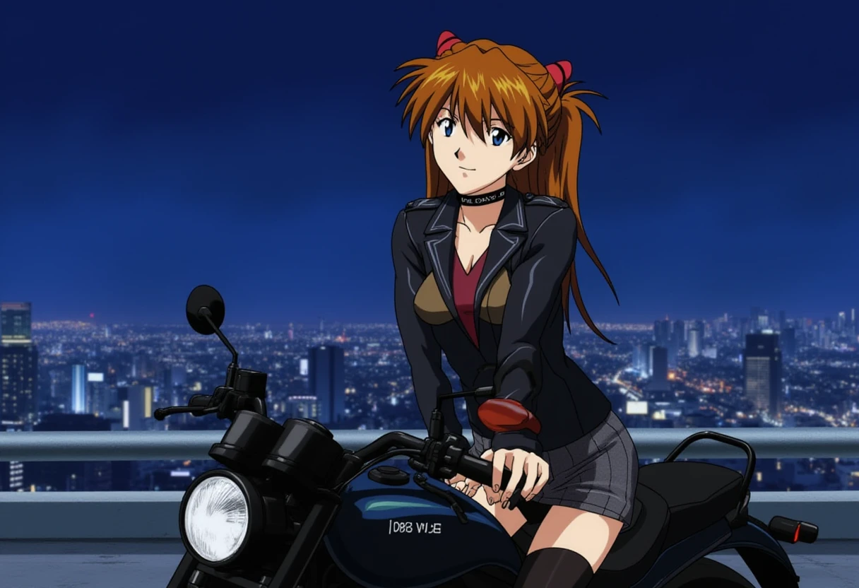 A detailed solo portrait of ppasuka. She has chestnut brown  hair.
She is sitting on a black motorcycle. She wears leather jacket, a choker, short skirt and black stockings. She looks haughty. Tokyo city nightscape in the background. 
anime still, highly detailed. No flat color, no hand drawn, no fan art.
anime.
 <lora:Asuka_Langley_flux_prototype_v2-000010:1>