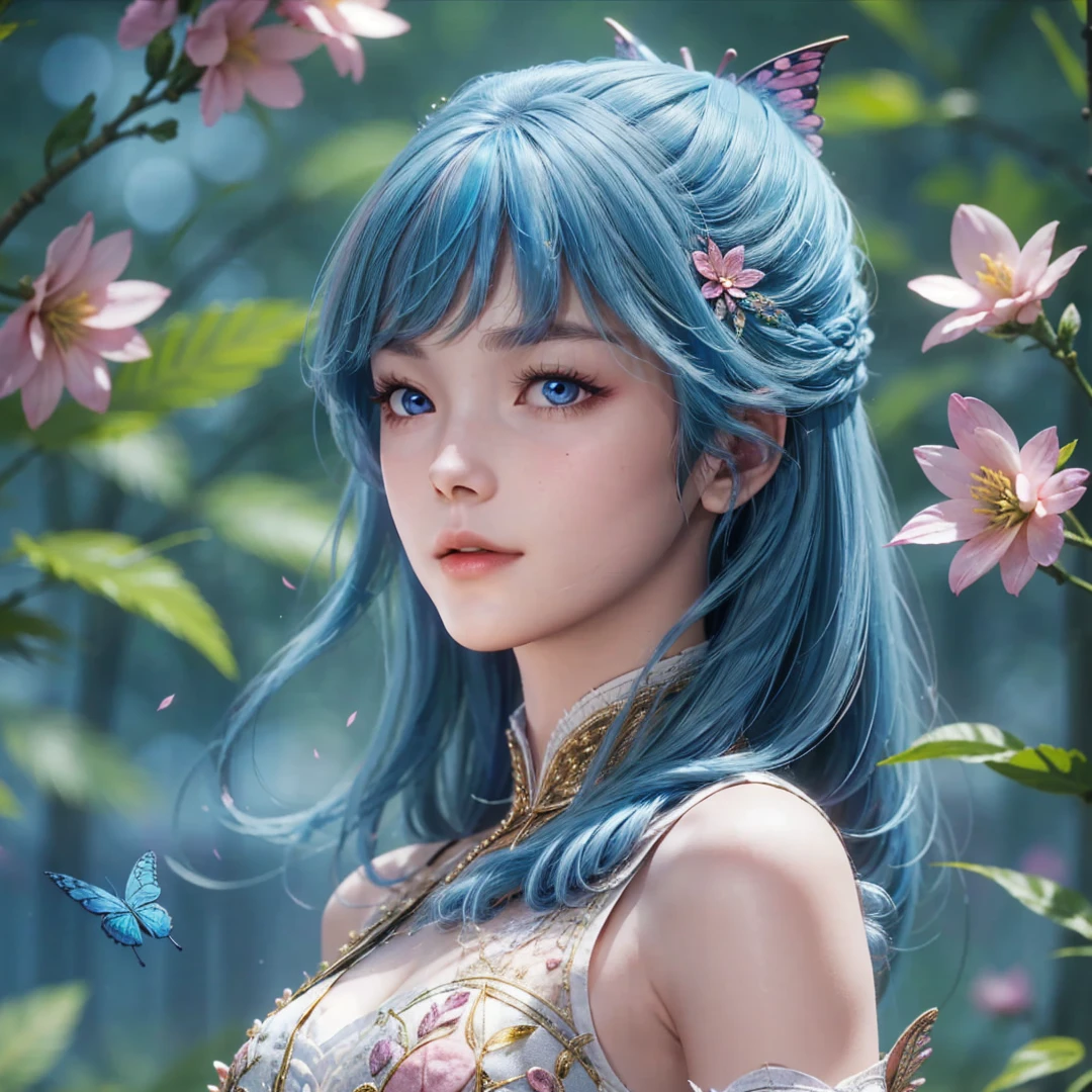 1girl,solo,long hair,blue hair,blue eyes,hair ornament,dress,looking at viewer,outdoors,in flower,((pink flower)),(butterfly),((blurry_foreground)),((realistic)),close-up,Highly detailed,(ultra-detailed),(best quality,masterpiece:1.5),<lora:dlld-wangdong:0.65>,