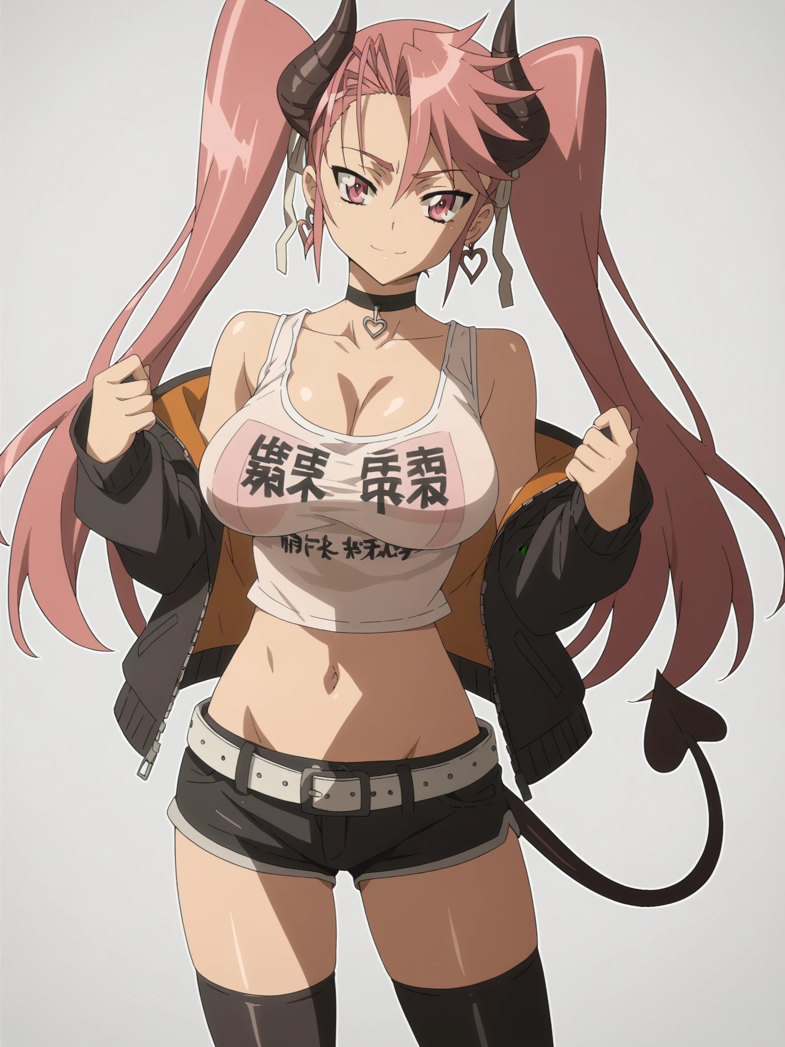 score_9, score_8_up, score_7_up, score_6_up, score_5_up,
Natsu, 1girl, large_breasts, pink_hair, spiked_hair,
1girl, solo, breasts, tail, pink_hair, horns, demon_tail, shorts, jacket, twintails, large_breasts, smile, looking_at_viewer, long_hair, navel, choker, black_background, pink_eyes, short_shorts, belt, demon_girl, pink_jacket, demon_horns, simple_background, tank_top, open_jacket, cleavage, black_shorts, open_clothes, thighhighs, off_shoulder, bare_shoulders, closed_mouth, head_tilt, hair_between_eyes, cowboy_shot, jewelry, micro_shorts, collarbone, black_choker, white_thighhighs, crop_top, bangs, earrings, clothes_writing, shirt, midriff, standing, see-through, contrapposto, long_sleeves
 <lora:Highschool_Of_The_Dead:1>