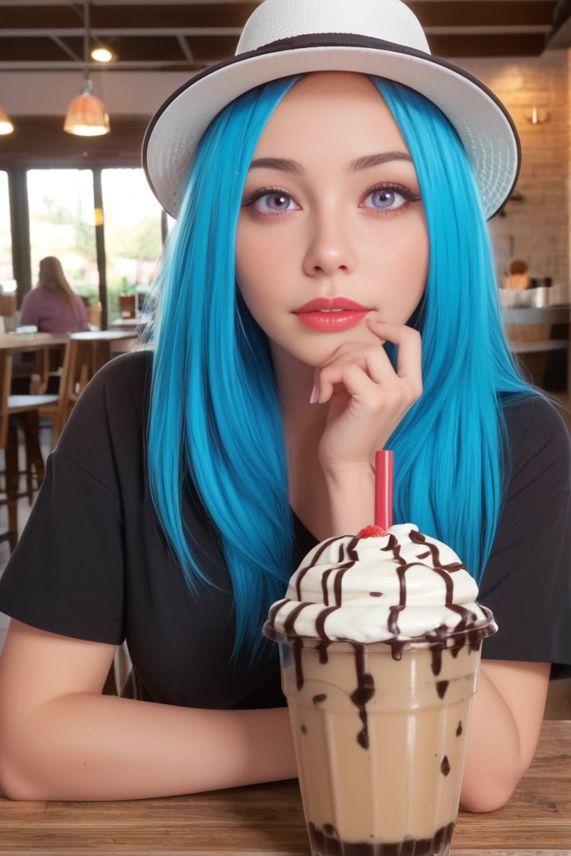 score_9, source_anime, zPDXL2, an image of TeamBAgentDove woman, purple eyes, white fedora, black v-neck t-shirt, looking at viewer, sitting across the table from you in a cafe, <lora:TeamBAgentDove:1>, milkshake with a straw