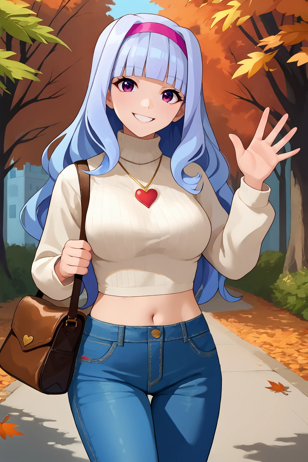 score_9, score_7_up, source_anime, cowboy shot, looking at viewer, smile, tknshj, medium breasts, blunt bangs, hair intakes, hairband, long hair, grey hair, purple eyes, heart necklace, white turtleneck sweater, midriff, jeans, shoulder bag, waving, outdoors, autumn, tree, <lora:Hoseki_Idolmaster_TakaneShijou_PDXL_v1:1>