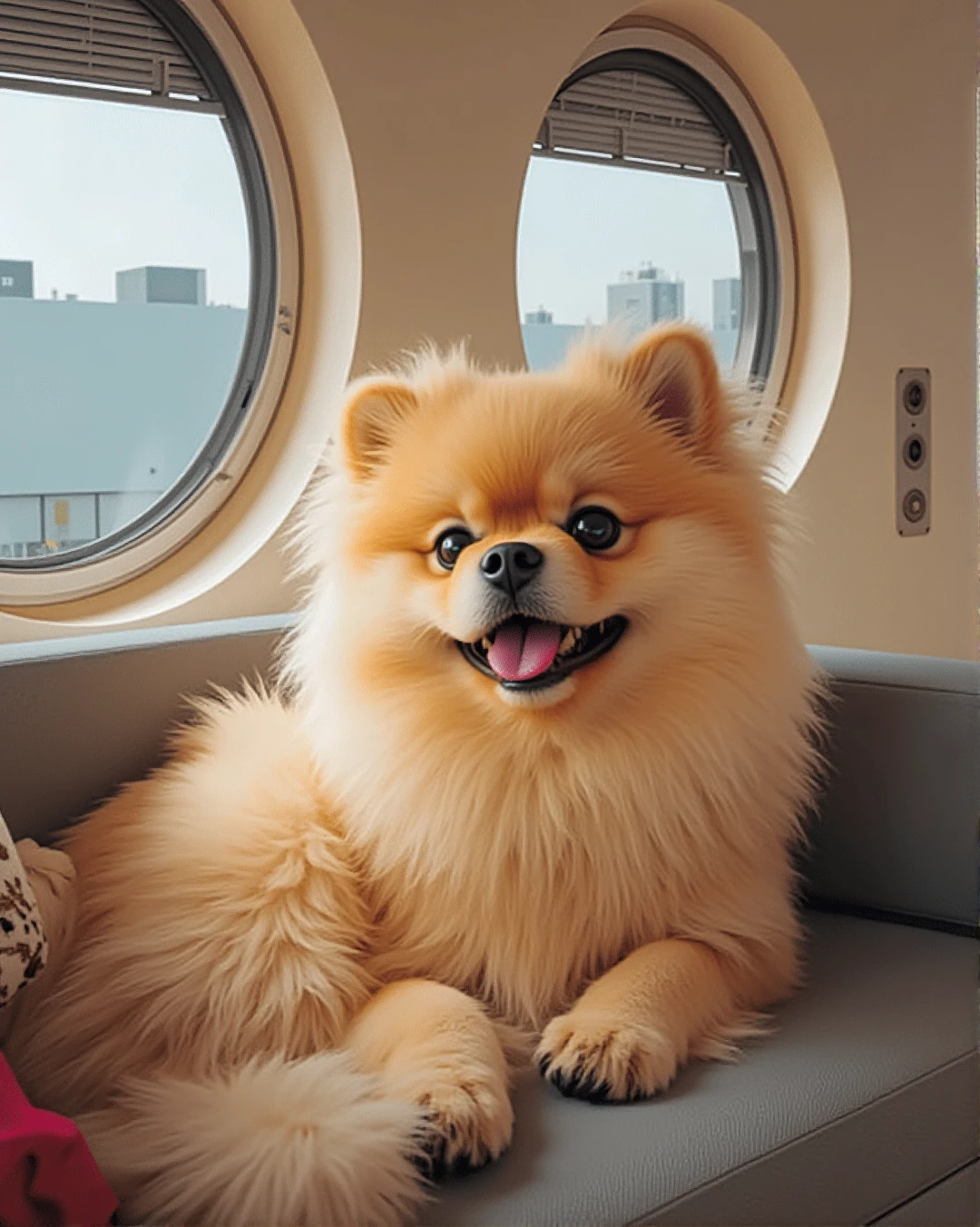 A cute floofy doggo inside the Nakagin Capsule Tower <lora:ts_f1d_nakagincapsuletower_v4_2000:1>