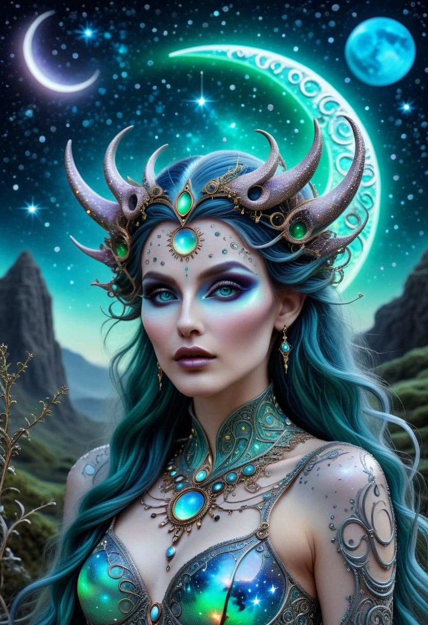 realistic, very detailed awesome female pastelgoth, heavy makeup, magical landscape with enchanted elements, fantasy art style, green, blue, gray theme, intricate details, ultra sharp, exquisite detail, flawless composition, vivid colors, masterpiece, exciting background,celestial astro beauty, astrological calendar, galaxy, stars, crescent moon