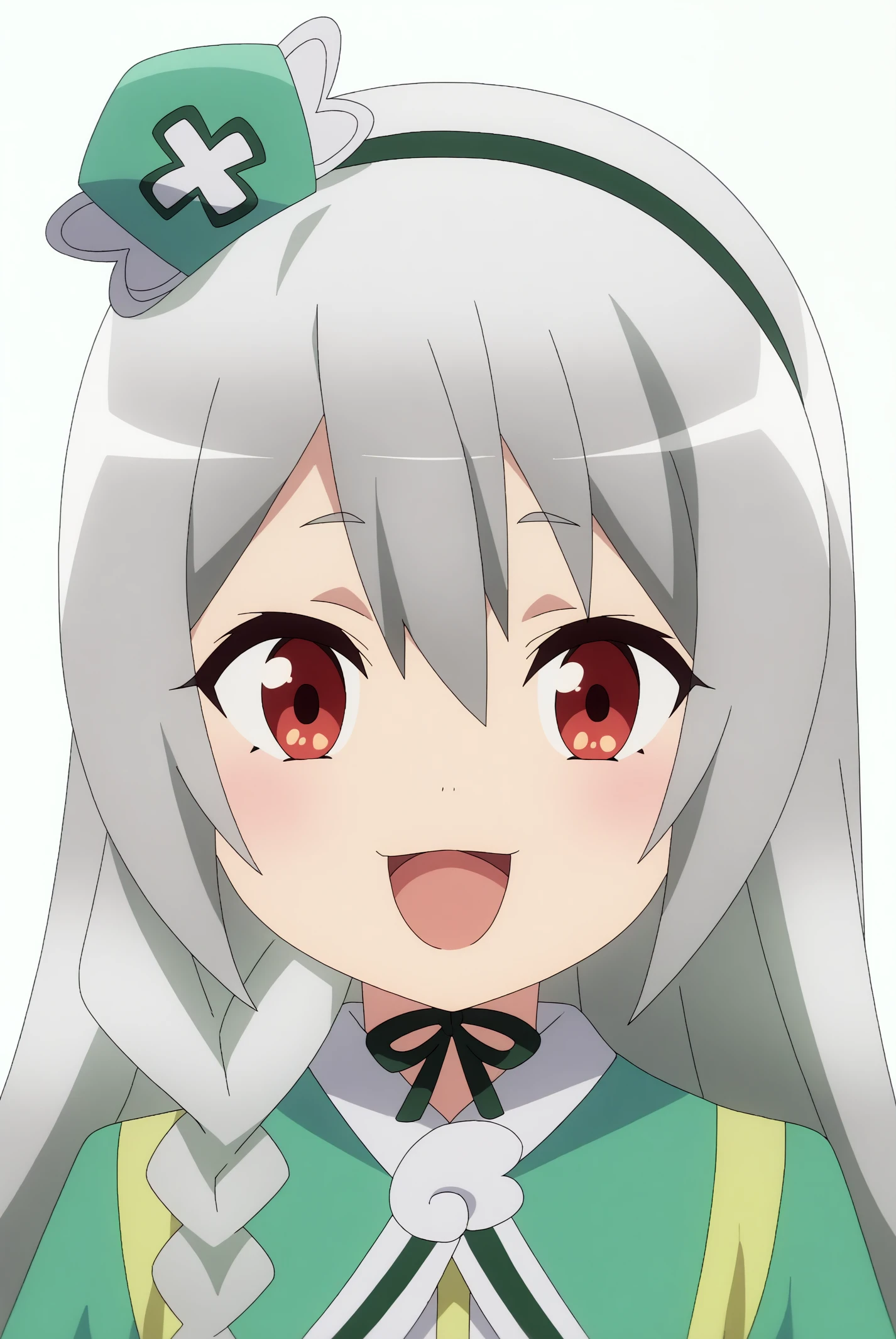 rating safe, Maidena_Ange, green headband, solo, looking at viewer, anime coloring, flat shadows, flat colors, mini hat, happy, points at the viewer, simple background, white background <lora:Futoku_no_Guild-Maidena_Ange-PDXL:0.8>