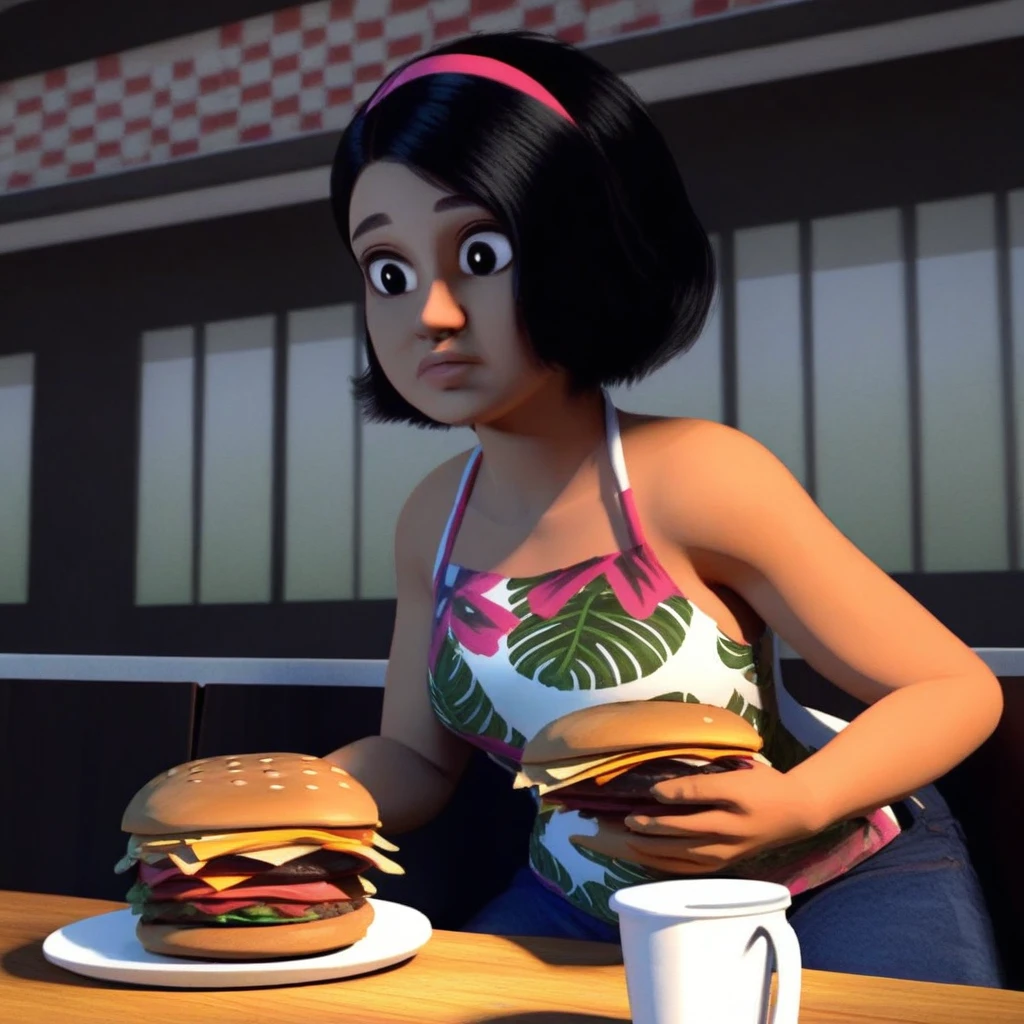 score_9, solo, sammy_g, black hair, short hair, black eyes, hairband, shirt, jeans, restaurant, hamburger