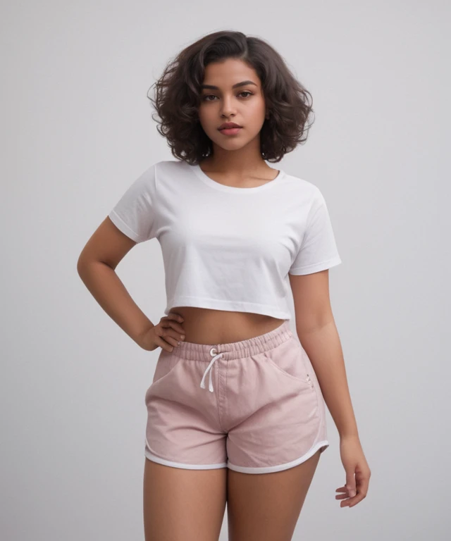 <lora:kaya-trap:1> kaya-trap, 
1girl, solo, shirt, realistic, curly hair, black hair, breasts, lips, thighs, standing, short sleeves, looking at viewer, dark skin, dark-skinned female, 1girl, solo, realistic, shorts, shirt, curly hair, black hair, nose, white shorts, breasts, lips, photorealistic, short sleeves, dolphin shorts, dark skin, thighs, looking at viewer, dark-skinned female, asian, short shorts, small breasts, t-shirt, makeup