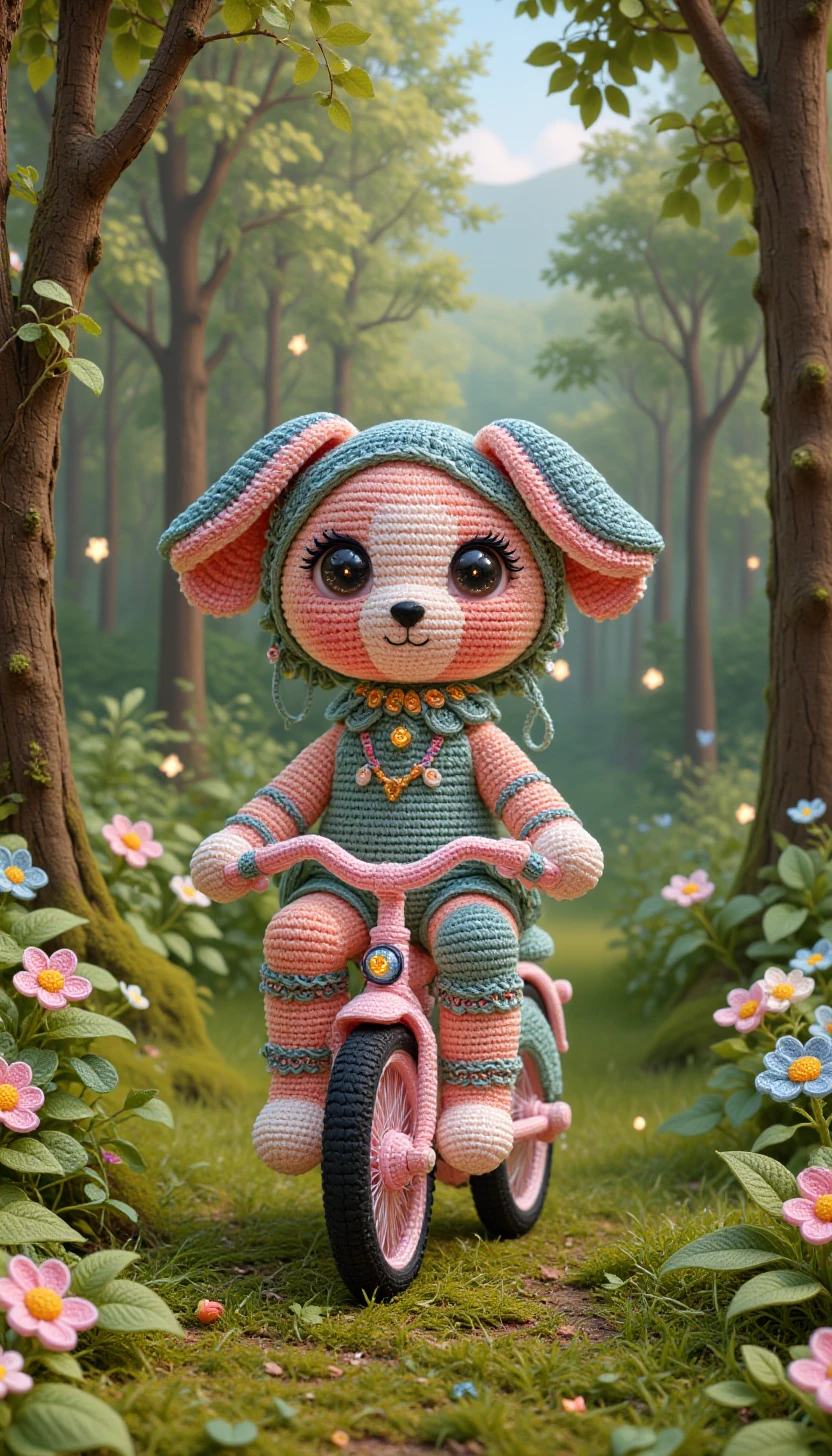 cr0ch3tcut3styl3, crocheted,A kawaii puppy riding a bicycle on the grass in the garden with green trees and pink flowers