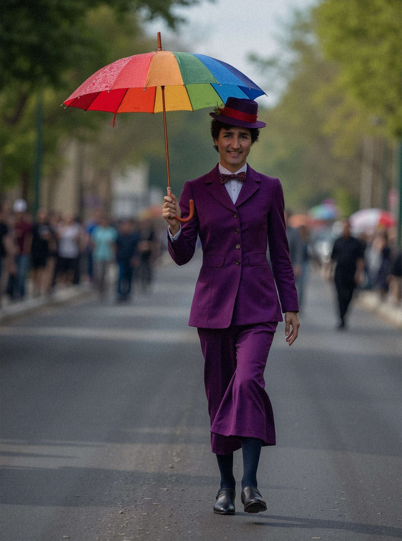 Movie still, close-up of 1boy Justin Trudeau as Mary Poppins, rainbow pride color umbrella in hand, skipping down the street towards the camera, medium closeup, Justin Trudeau, Justin Trudeau, Marry Poppins film, Turn of the Century Toronto, 