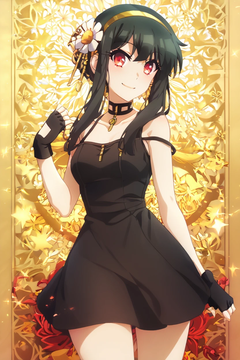 score_9, score_8_up, score_8, medium breasts, (curvy), cute, eyelashes,       BREAK, , BREAK, YorForger,1girl,black hair, red eyes, short hair with long locks, gold hairband, hair flower, black choker, black dress, sleeveless, off shoulder, floral print, fingerless gloves, <lora:YorForgerXLpony004:0.8>,, <lora:PrismaIllya_PDXL_v3:1.0>, , BREAK,  smile, looking at viewer, cowboy shot,  embedding:zPDXL, Expressiveh, <lora:SDXLFaeTastic2400:0.5>,  <lora:Expressive_H-000001:0.4>,