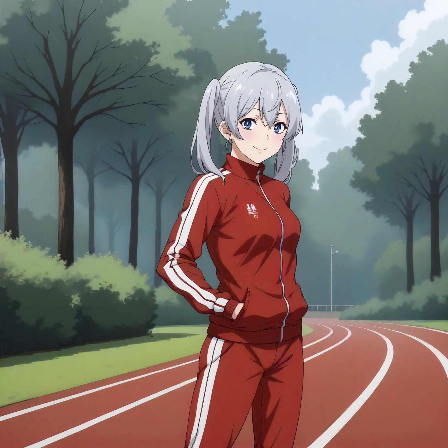 <lora:ToY_KuroeXLpony001>,
outdoors,nature,
smile,
solo,
Kuroe,1girl,silver hair,twintails,blue eyes,
red track jacket,red pants,
standing,