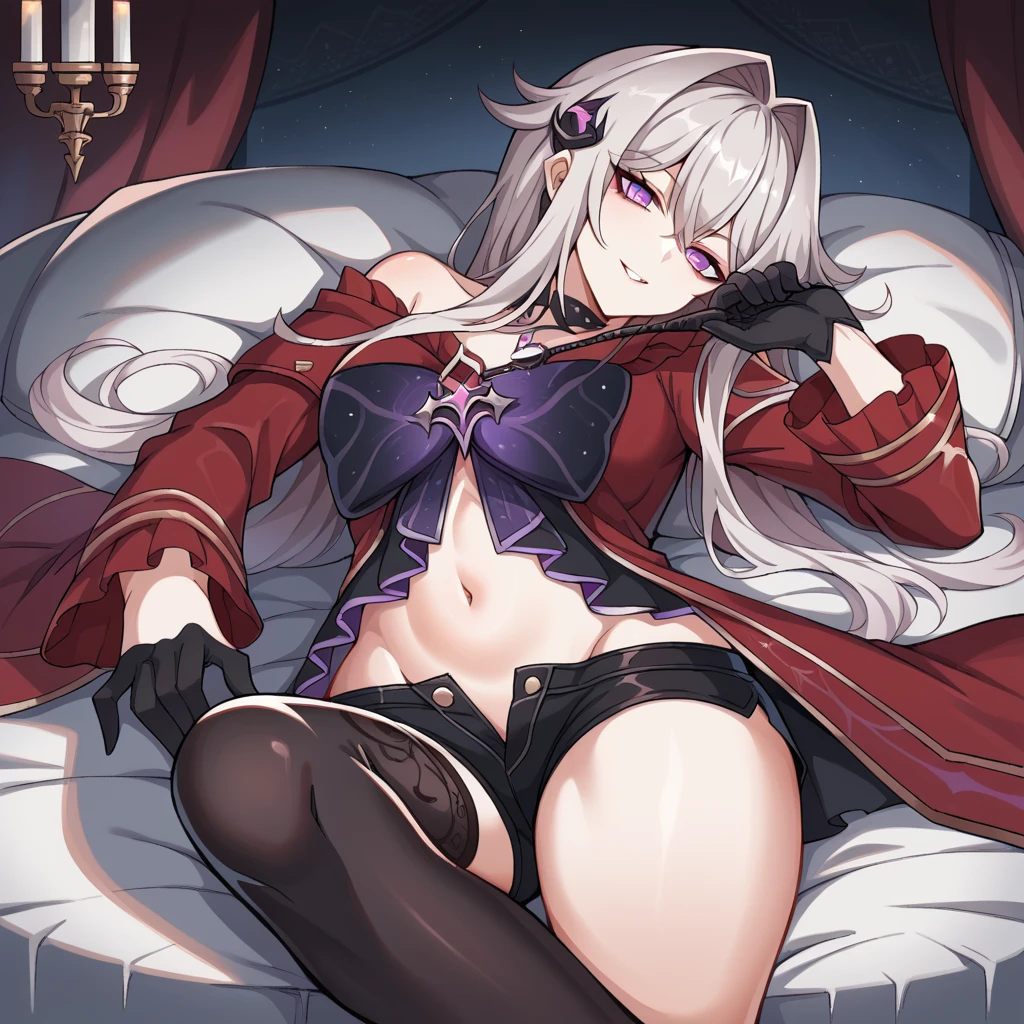 score_9_up, score_8_up, score_7_up, source_anime, masterpiece, best quality, 1girl, solo, Thelema, Thel_Def, night time, dimmed light, chandelier, gothic interior, lying on bed, head pillow, crossed legs, reclining, seductive smirk, parted lips, holding whip, weapon, raised hand, looking at you, from above, white hair, purple eyes, hair ornament, long hair, micro shorts, black shorts, red jacket, midriff, navel, big bow, black bow, jewelry, long sleeves, red sleeves, black gloves, off-shoulder, black choker, bare shoulders, black thighhighs, single thighhigh, asymmetrical legwear, mature body, dynamic cowboy shot, indoors, gothic castle background