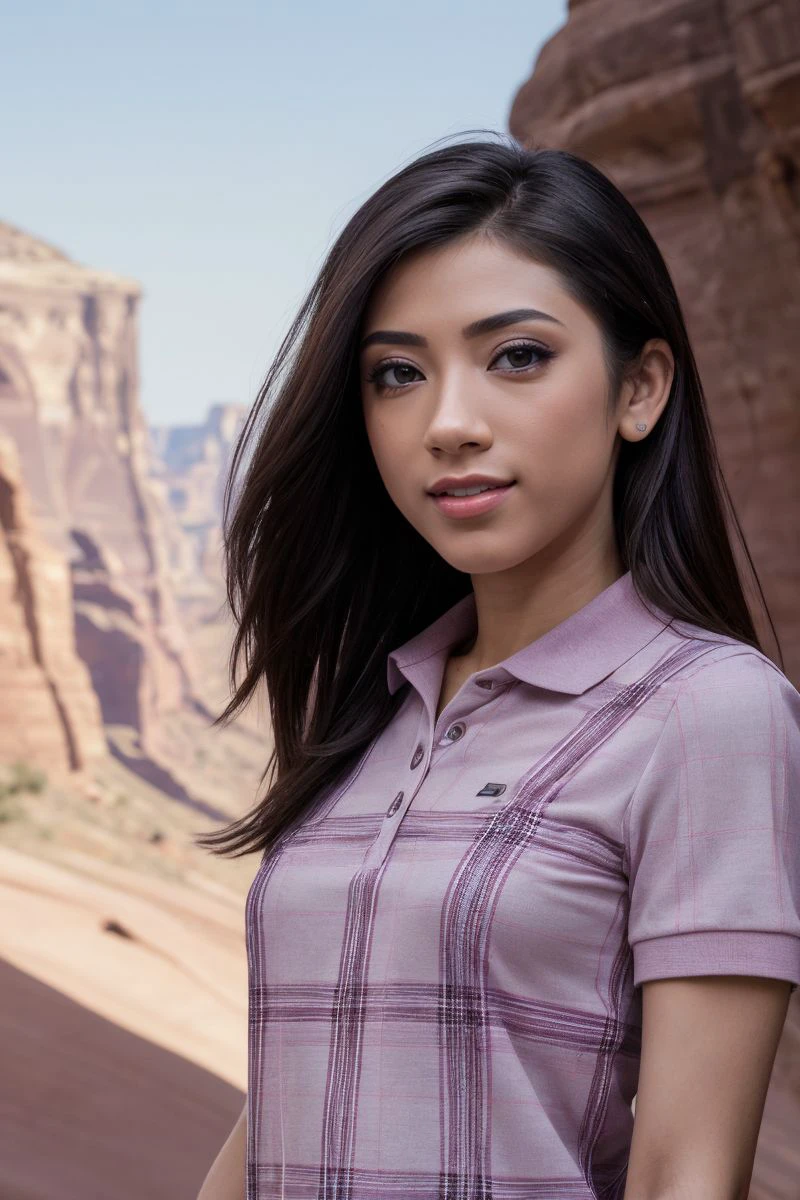 portrait of S524_EmilyPink,an attractive woman,in a (canyon:1.1),wearing a (plaid polo-shirt),sunset,(smiling),(4k, RAW photo, best quality, 50mm, depth of field, ultra high res:1.1),(intricate, photorealistic, cinematic-shot, masterpiece, ultra-detailed:1.1),