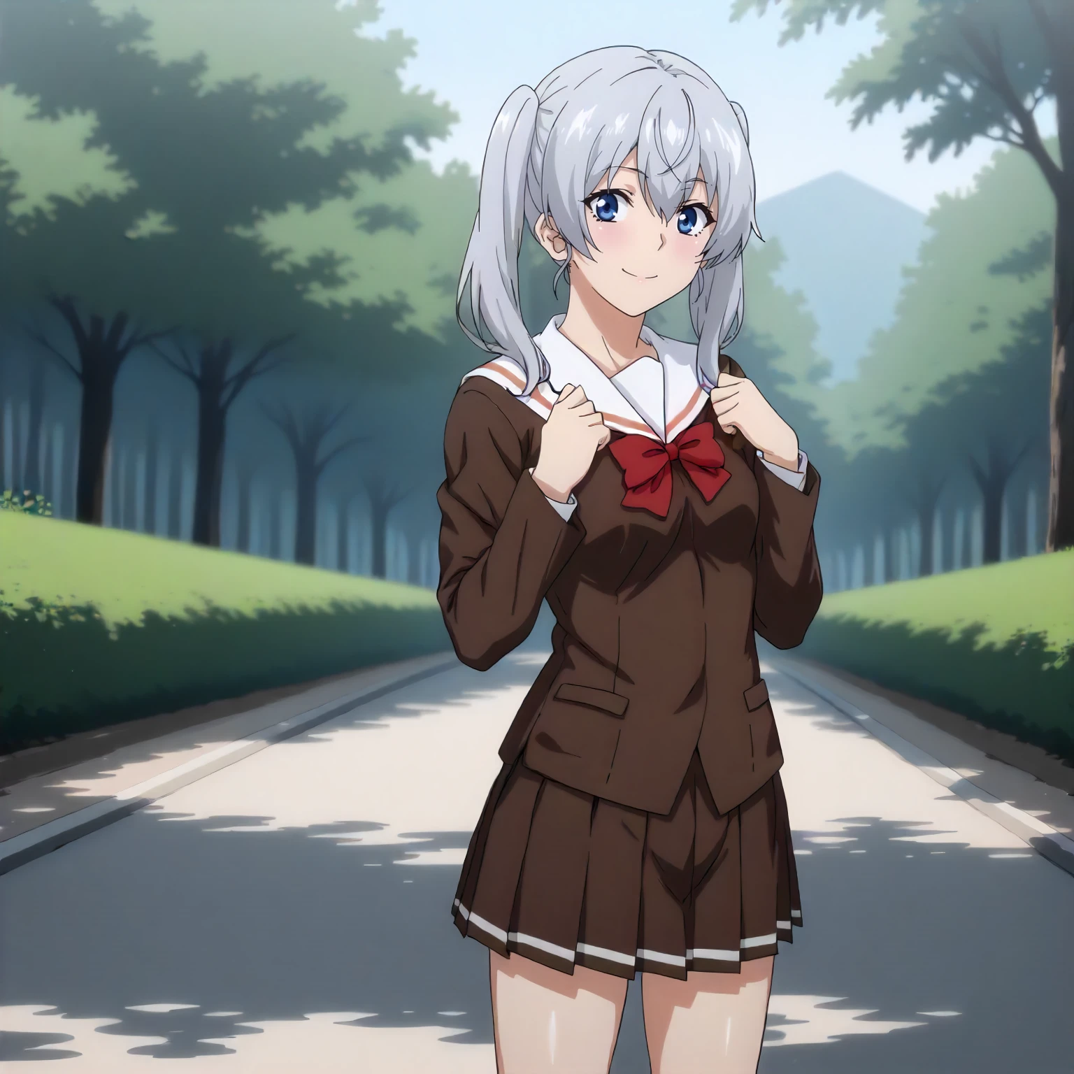 <lora:ToY_KuroeXLpony001>,
outdoors,nature,
smile,
solo,
Kuroe,1girl,silver hair,twintails,blue eyes,
white sailor color,brown shirt,red bowtie,long_sleeves,
pleated_skirt,brown skirt,
standing,