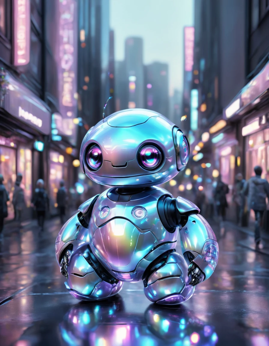 novuschroma84 style cute iridescent robot  in the city  <lora:novuschroma84 style:1>  <lora:FaeTastic Details:1>