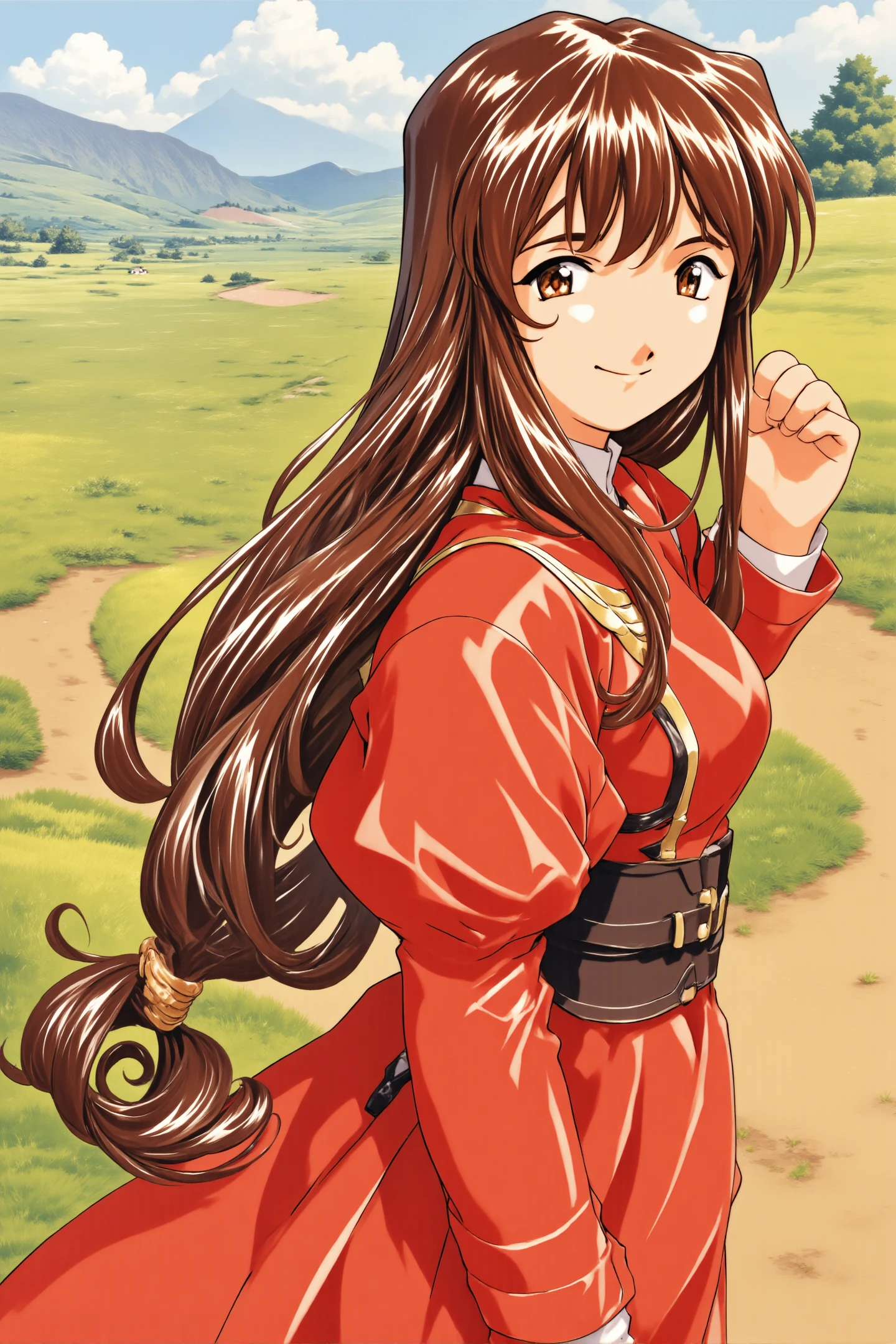 1girl, solo, Erica Fontaine, cowboy shot, smile, looking at viewer, upper body,  brown hair, brown eyes, long hair, bangs, low tied hair, sidelocks, red dress, puffy sleeves, long sleeves, brown boots, long dress, :d, juliet sleeves, low-tied long hair, dress, outdoors,retro artstyle, 
<lora:Sakura Wars_FLUX:1.4>,