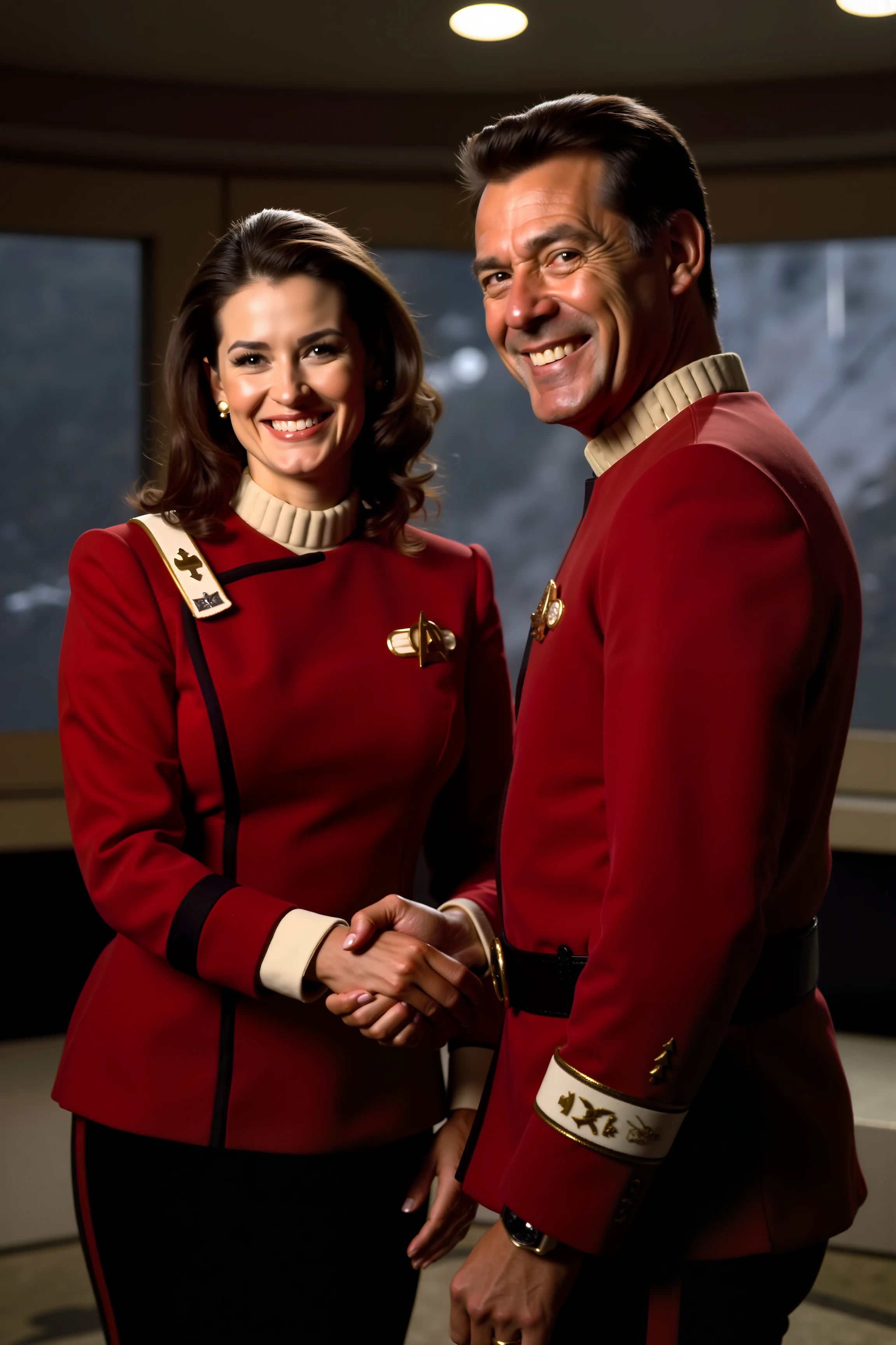 A sharp photograph featuring a man in a red TWOK uniform shaking hands with a woman in a red TWOK uniform. The man and the woman, are set against a futuristic, starship interior backdrop. The scene is illuminated by the soft, ambient lights of the starship, casting a warm glow on their uniforms. Both individuals exhibit friendly, confident smiles, with their uniforms perfectly detailed and reflecting the sleek, high-tech design of the Star Trek universe. The background features a panoramic view of space through the starship’s large windows, adding depth and context to the iconic moment of camaraderie and collaboration.