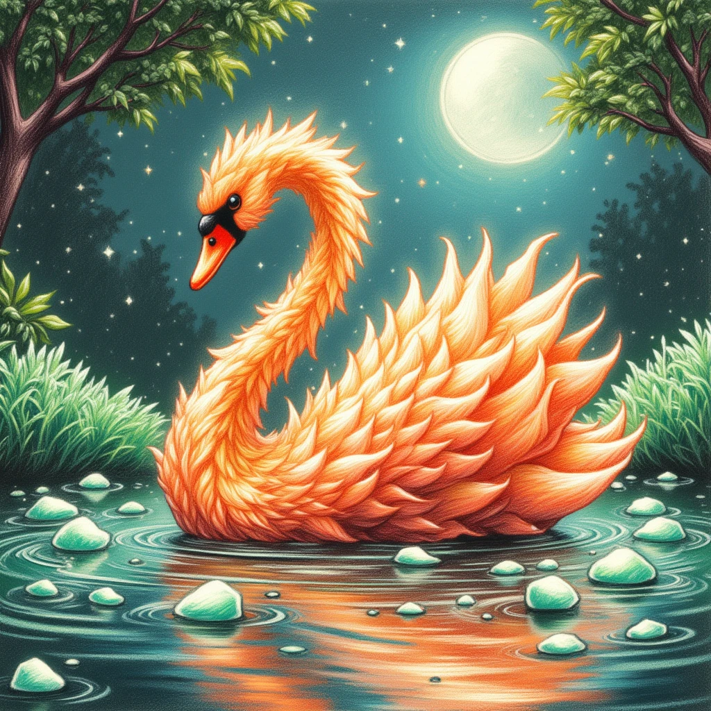 0ilpast3l, A majestic swan made of fire sitting on a lake of emerald gemstones shimmering in the moonlight.