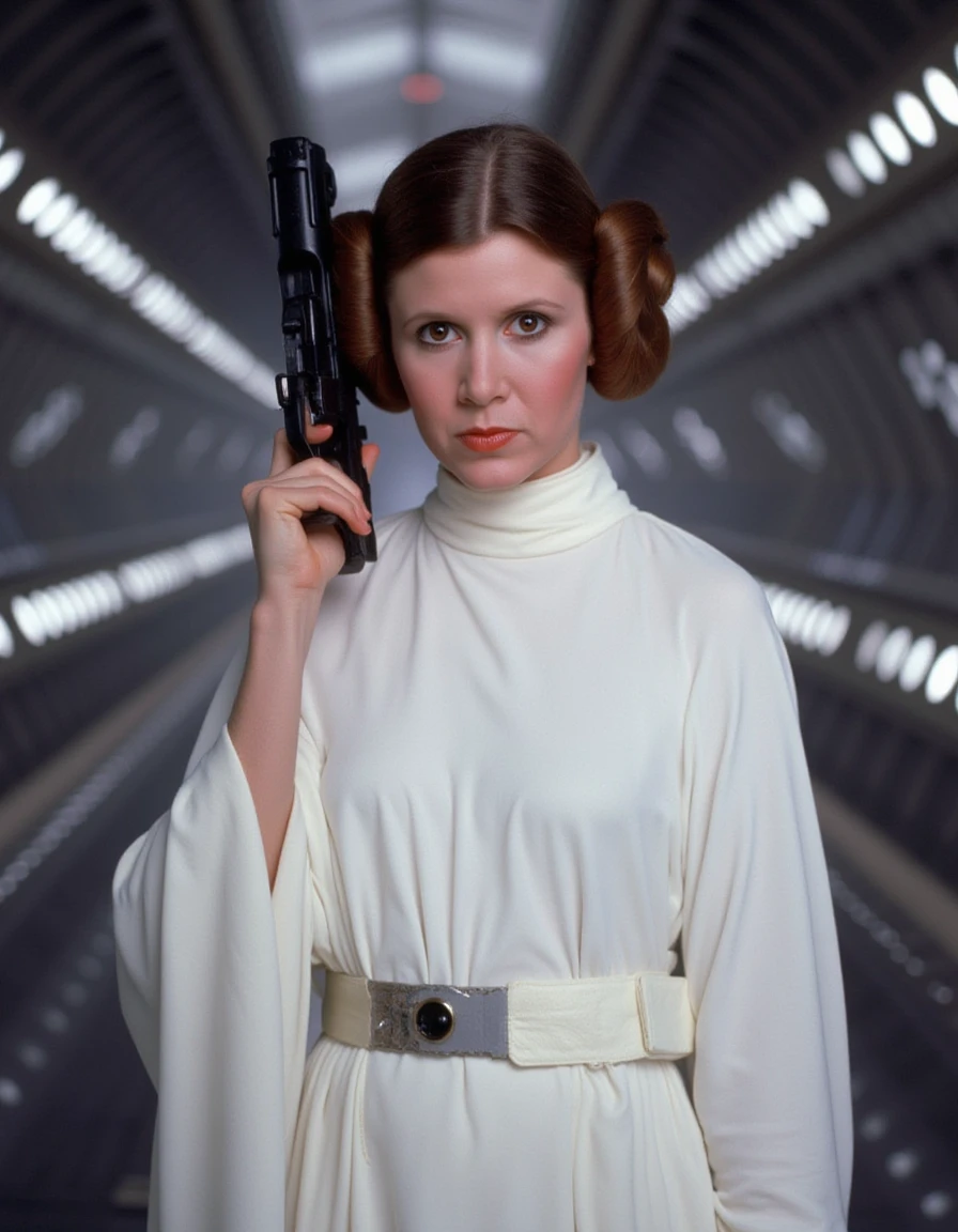 Carrie Fisher as Princess Leia, holding a blaster in a fierce pose, her determined gaze fixed on the horizon. Her classic white robes flow behind her as she stands ready for battle in the corridors of the Death Star.