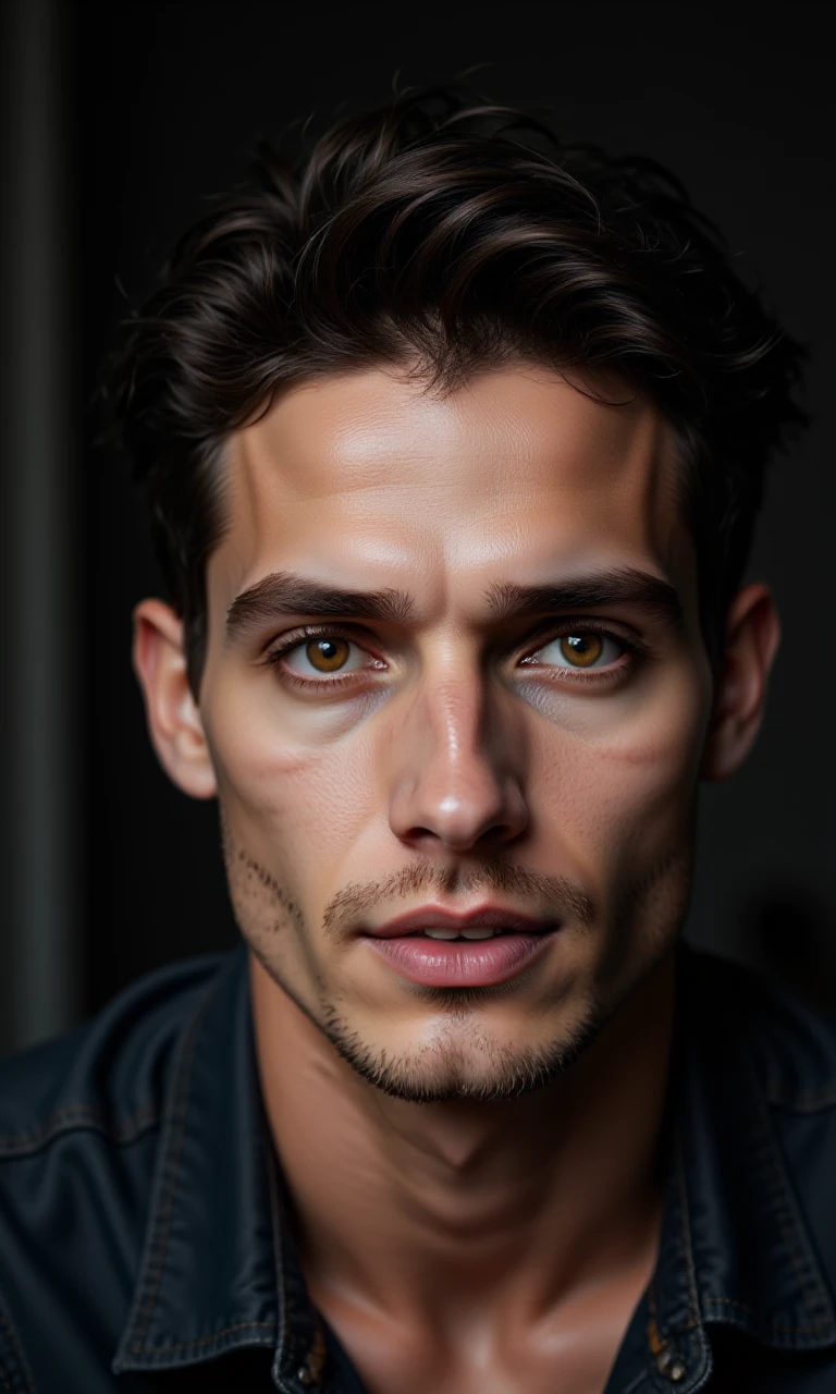 A portrait of a man with striking black hair and eyes as bright yellow, with a slight sparkle in both, set against a subtle, dark background that accentuates his intense gaze.