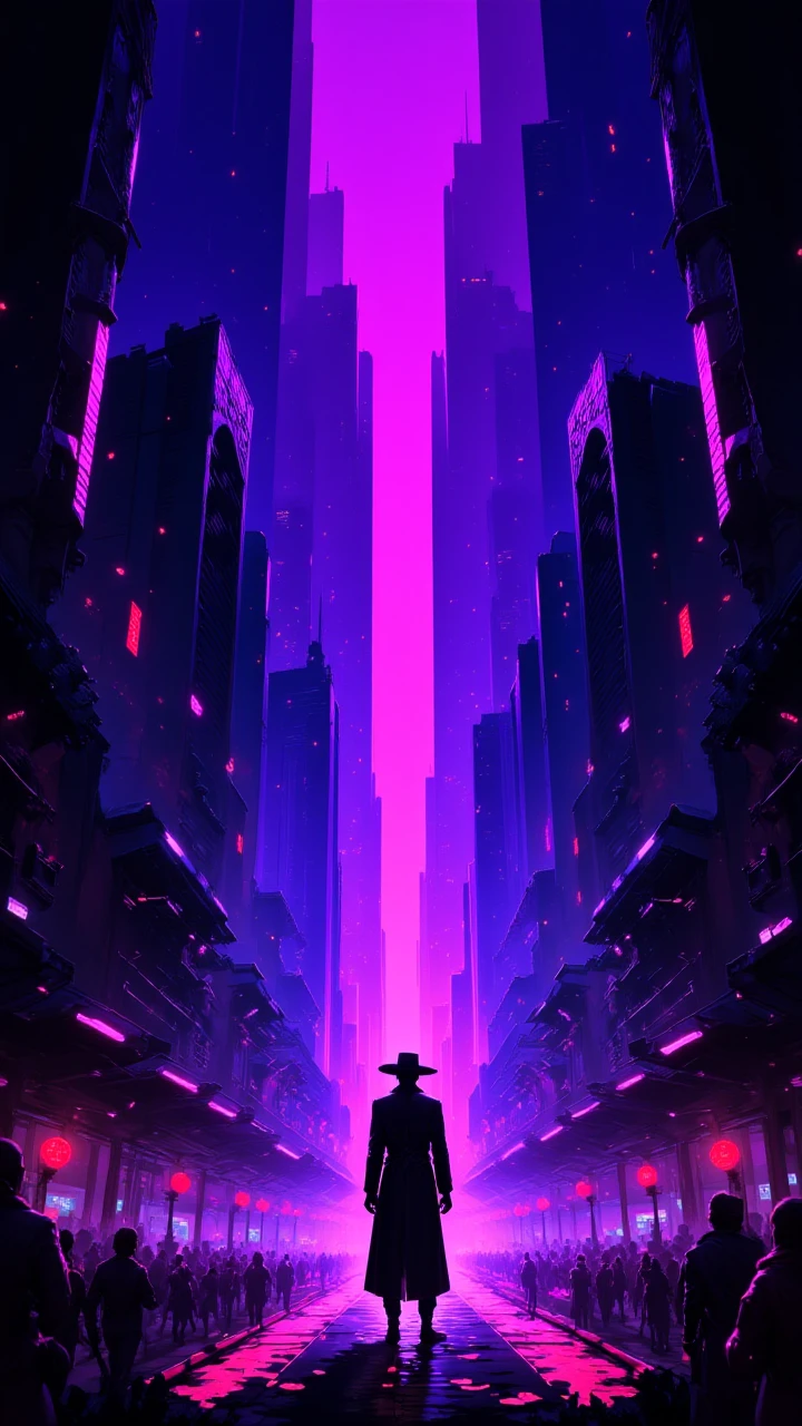 Game art, landscape of a In the heart of The Fortuneteller, a dark violet and Low Contrast scene depicts a bustling cityscape filled with towering skyscrapers and flashing neon lights. aidmaponystyle