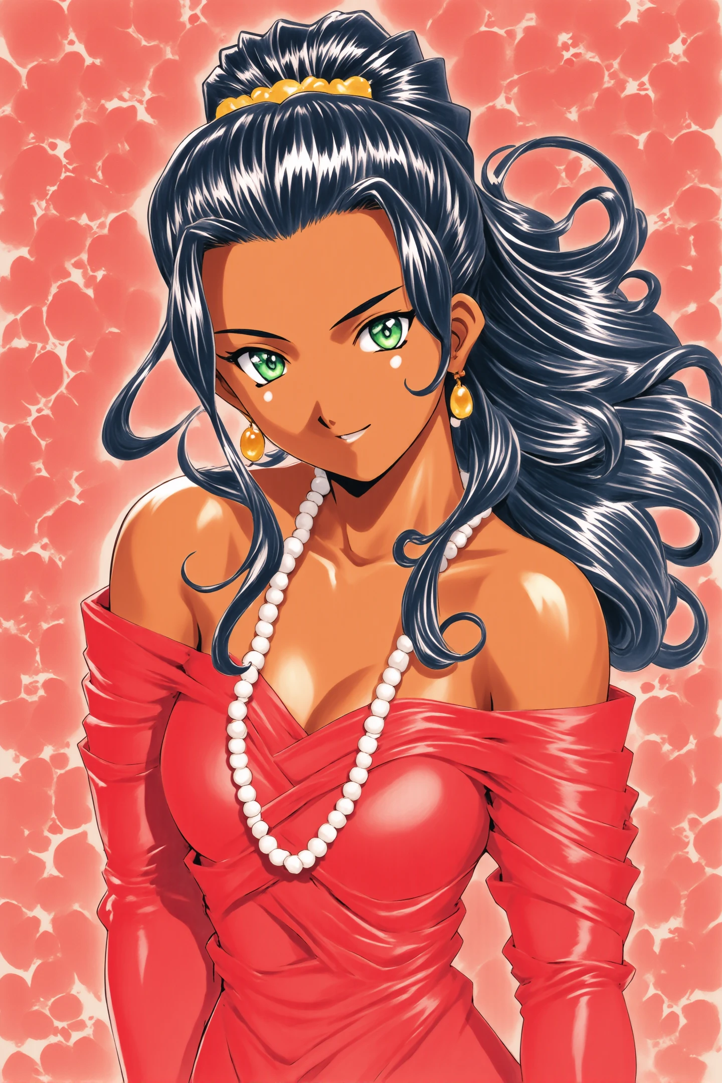 Soletta Orihime,1girl,solo,red dress,jewelry,black hair,green eyes,necklace,earrings,long hair,off-shoulder dress,dark skin,curly hair,ponytail,pearl necklace,dark-skinned female,bare shoulders,hair ornament,looking at viewer,dress,hair flower,smile,off shoulder,marker (medium),upper body,parted lips,red flower backround,traditional media,
<lora:Sakura Wars_FLUX:1.3>,