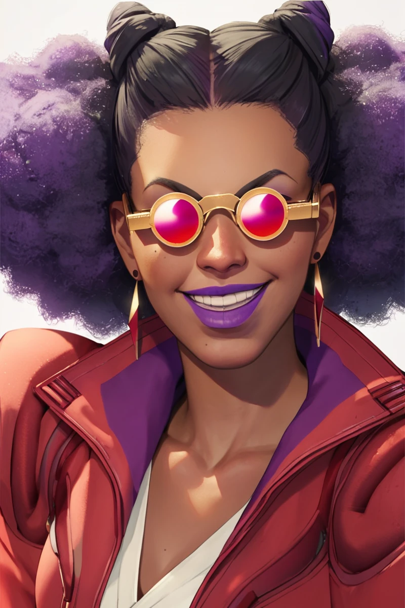 <lora:BazzConcordXL:1:lbw=CHARALL>, BazzConcord, afro, dark skin, red jacket, sunglasses, purple hair, earrings, purple lips, black hair, two-tone hair, 
looking at viewer,  grin, close-up,, (masterpiece),(best quality),extreamly delicate and beautiful,illustration,absurdres, high quality,  anime style illustration,score_9, score_8_up, source_anime,score_9_up,, 1girl, solo,solo_focus,