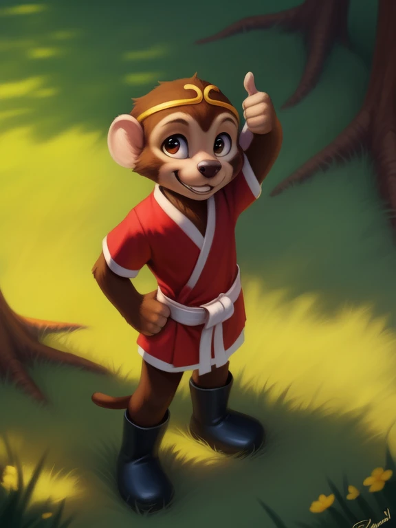 <lora:TezOsaMonBokSonDom:1>  TezOsaMonBokSon, male, primate, monkey, red shirt, white belt, golden headband, black boots, chibi, 
(solo focus), Looks at the viewer, grin, ((Hands on hips, standing, hand behind head, high-angle view,thumbs up))
[ large window, day, (nature), forest, grass, day shining, clouds, flowers,  candles,](solo focus),
(beautiful, aesthetic, perfect, delicate, intricate, saturated colors), masterpiece, digital drawing, best quality,
by ulitochka, by taran fiddler, by Silverfox5213, by personalami,