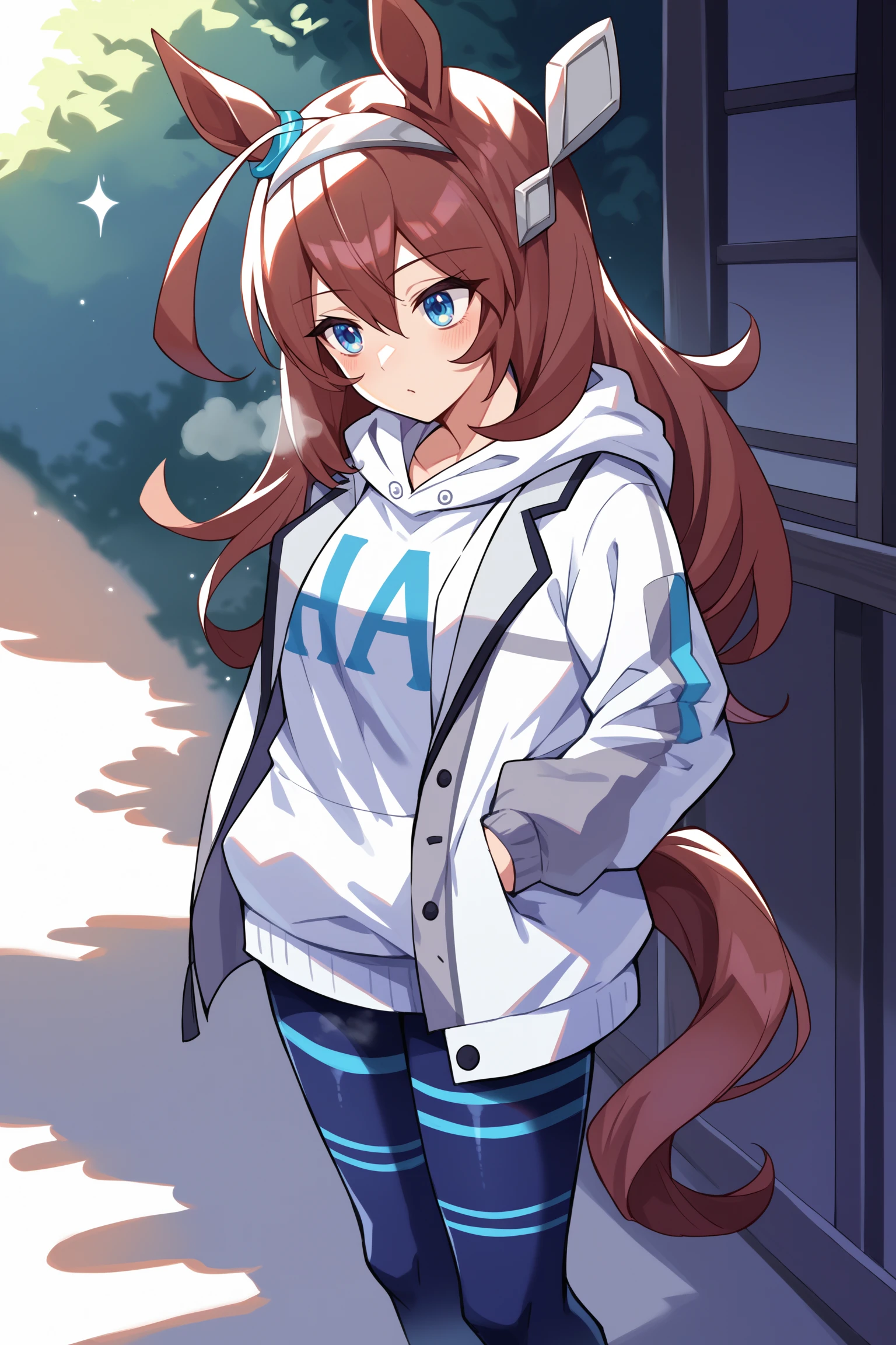 score_9, score_8_up, score_7_up, , rating_general ,1girl ,long hair, ahoge, blue eyes, horse ears, horse tail, hair ornament, ear blue ring, white hairband, open jacket, layered clothes, hoodie shirt, hood down, web print leggings, sneakers, outdoors, source_anime, <lora:MihonoBourbonPDCAMEq5v1 UMA:1>, cowboy shot, abstract, spotlight, alluring, shiny skin, in heat, steaming body ,
