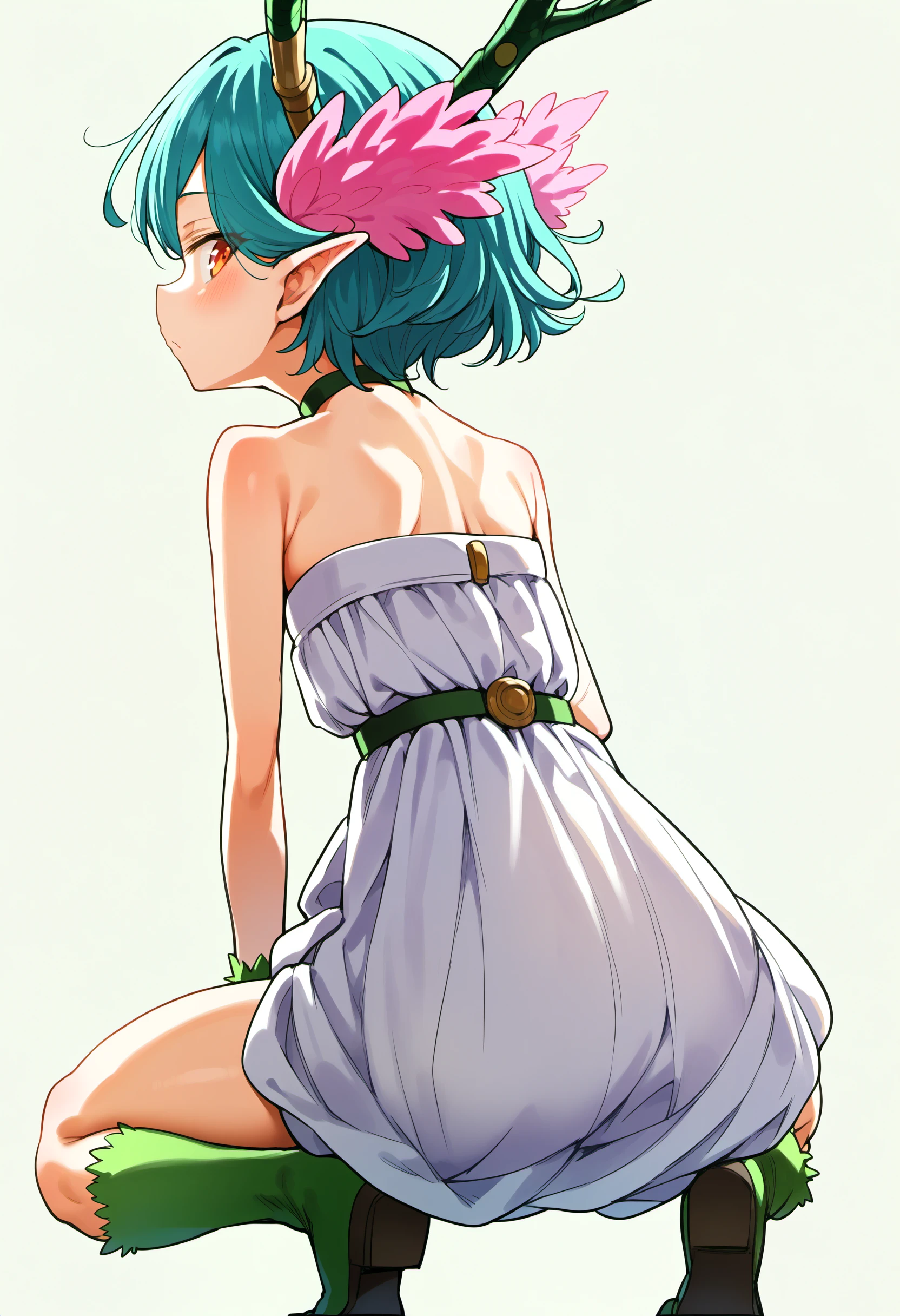 score_9, source_anime, score_8_up, score_7_up,simple background,white background,looking back,squatting,spread legs,from behind,<lora:qcontrol_v2-000070:1>,qcontrol,1girl,solo, white dress,strapless,green claws,