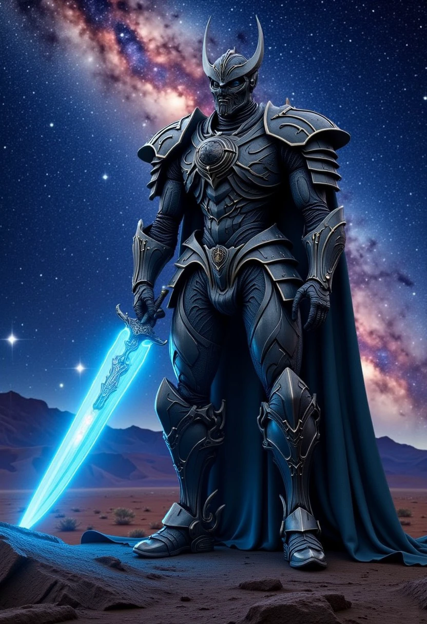 mlkwglx,  Milky Way galaxy, This is a highly detailed digital artwork in a fantasy genre, depicting a towering armored warrior standing in a desolate, alien landscape. The warrior, who appears to be a male, is clad in intricate, dark metallic armor that glistens under the starlit sky. The armor is adorned with ornate, intricate designs, and the helmet has a menacing, horn-like design. The warrior's left hand grips a massive, glowing blue sword with an intricate, ornate hilt. The sword's blade is also glowing, emitting a vibrant blue light that contrasts starkly with the dark armor. The background features a vast, starry sky with swirling nebulas and galaxies, creating a cosmic backdrop. Below, the landscape consists of rugged, rocky terrain with distant, shadowy mountains. The overall color palette is dominated by deep blues, purples, and blacks, with the exception of the glowing sword and the warrior's armor, which add a striking contrast. The image exudes a sense of power and otherworldliness, with the warrior's imposing stature and the ethereal glow of the sword suggesting a powerful, mystical presence. The texture of the armor and the sword are highly detailed, adding to the realism of the artwork.