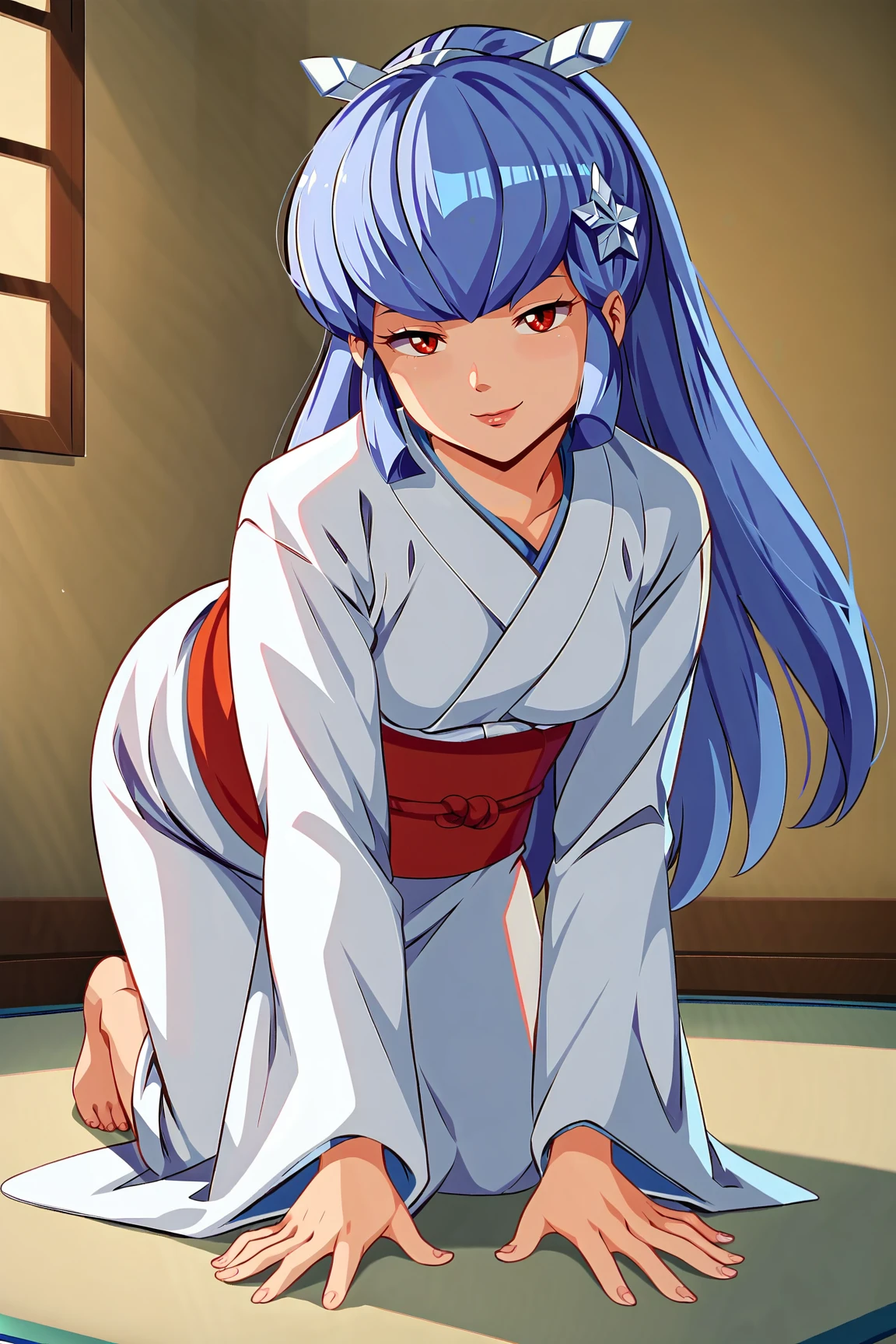 score_9, score_8_up, score_7_up, score_6_up, BREAK, OyukiUYXL, red eyes, blue hair, long hair, bangs, sidelocks, hair ornament, small breasts, white kimono, red sash, barefoot, solo, mature female, full body, all fours, seductive smile, looking at viewer, indoors <lora:OyukiUYXL:1>