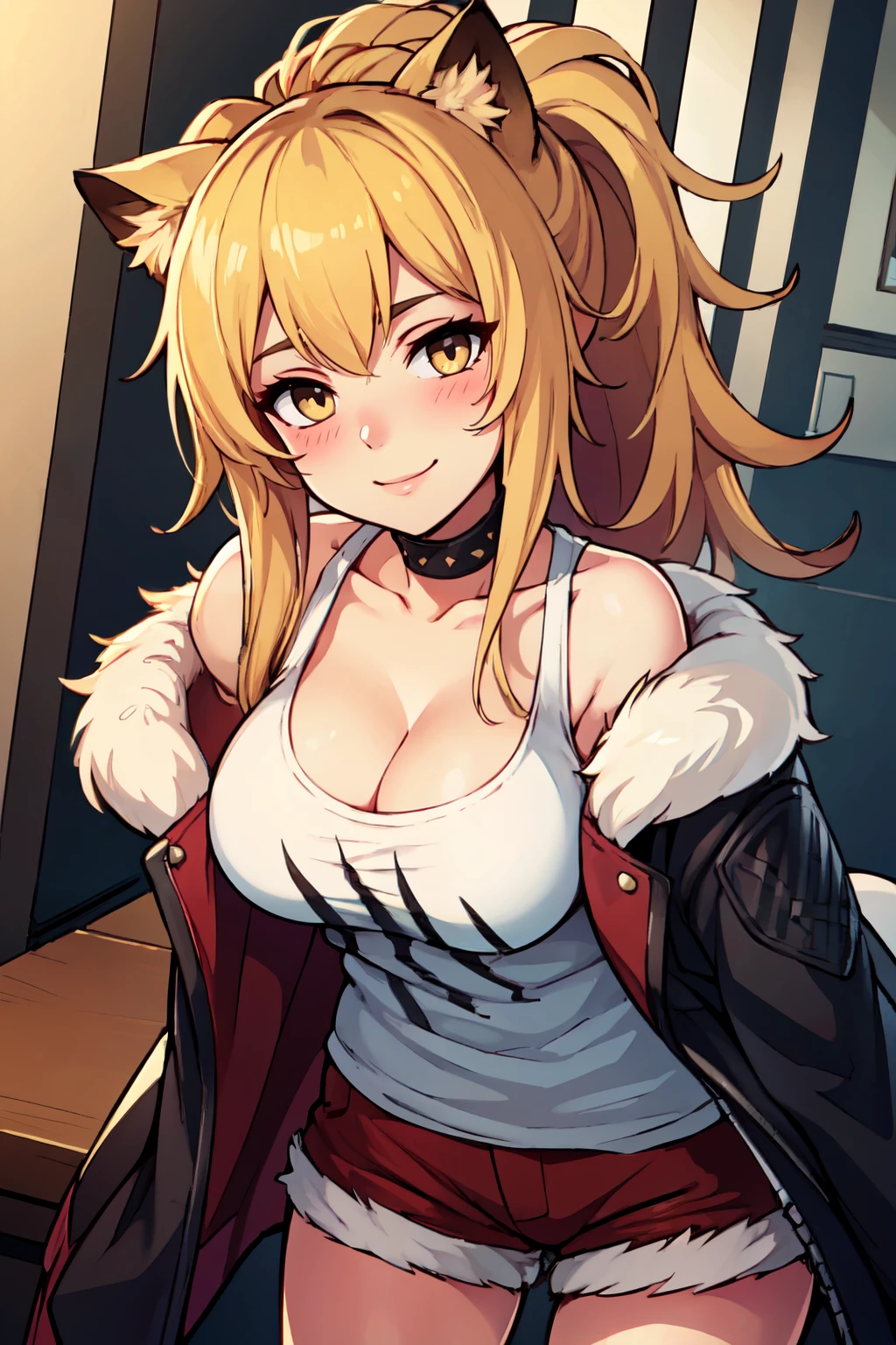 ((masterpiece,best quality)), absurdres,  BREAK, , <lora:Siege_Arknights:0.8>,  zzsiege, blonde hair, cat ears, black jacket, fur-trimmed jacket, cleavage, black choker, white tank top, short shorts, lollipop, collarbone, red shorts , BREAK, leaning forward, head tilt, blush, upper body,, BREAK, solo, smile, looking at viewer, cowboy shot,