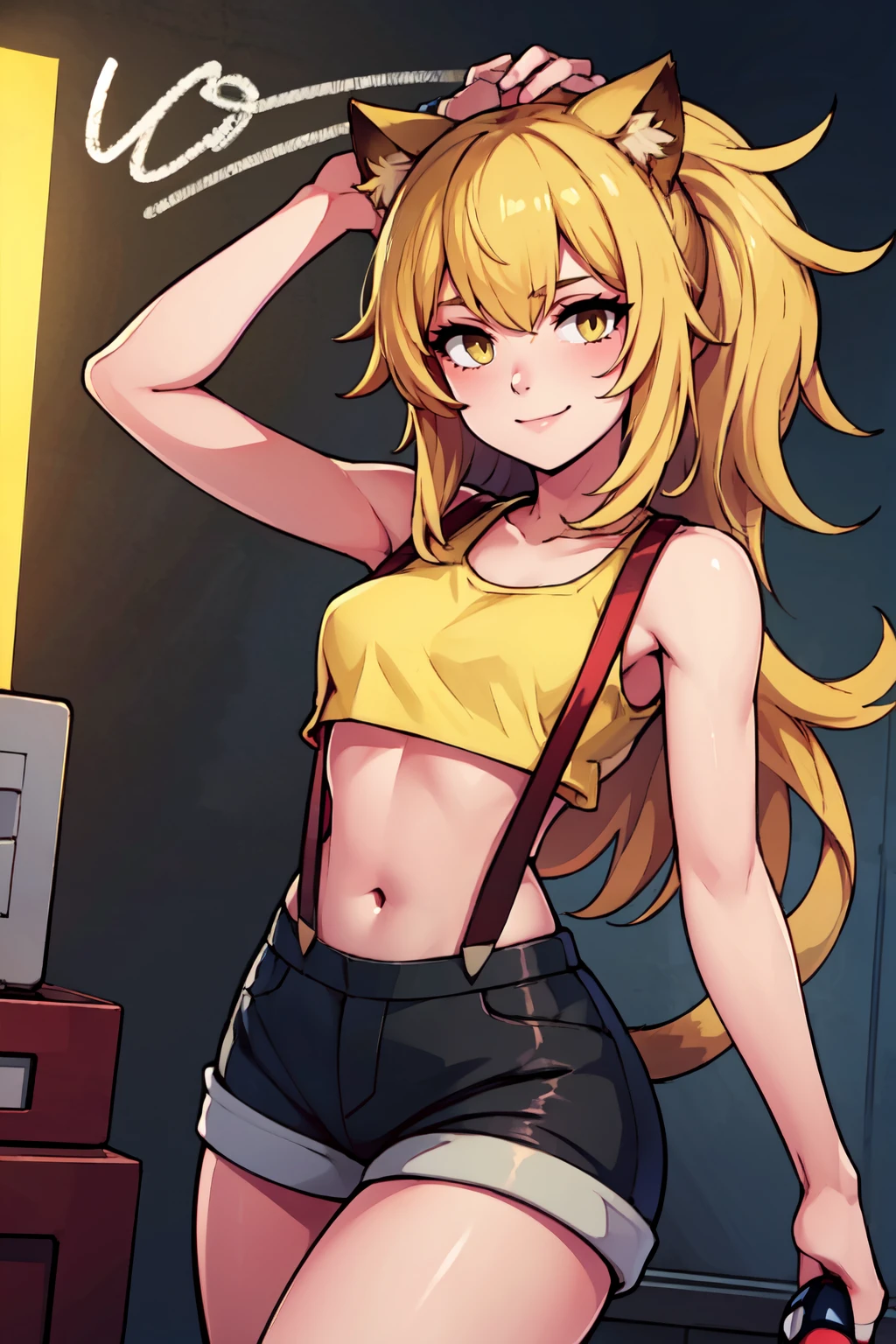 ((masterpiece,best quality)), absurdres,  BREAK, , <lora:Siege_Arknights:0.8>,  zzsiege, blonde hair, cat ears, , BREAK,  <lora:Misty_Pokemon_Cosplay_v3:0.8>,  misty (pokemon) (cosplay), yellow crop top, suspenders,, BREAK, solo, smile, looking at viewer, cowboy shot,