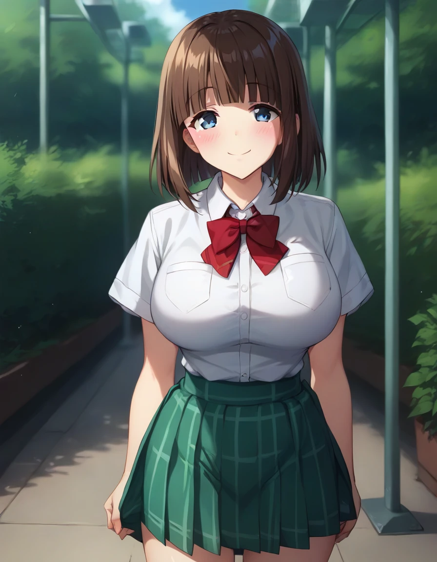 score_9,score_8_up,score_7_up,score_6_up BREAK official art,solo,outdoors,cowboy shot,looking at viewer,facing viewer,smile,blush,Toko Saionji,medium hair,brown hair,shiny hair,bob cut,sidelocks,blunt bangs,blue eyes,school uniform,red bowtie,white shirt,collared shirt,dress shirt,pocket,large breasts,skindentation,short sleeves,miniskirt,green skirt,pleated skirt,plaid skirt,black socks,loafers,<lora:Toko Saionji(hc)-Pony:1.5>,<lora:Smooth Anime Style LoRA XL:0.8>,