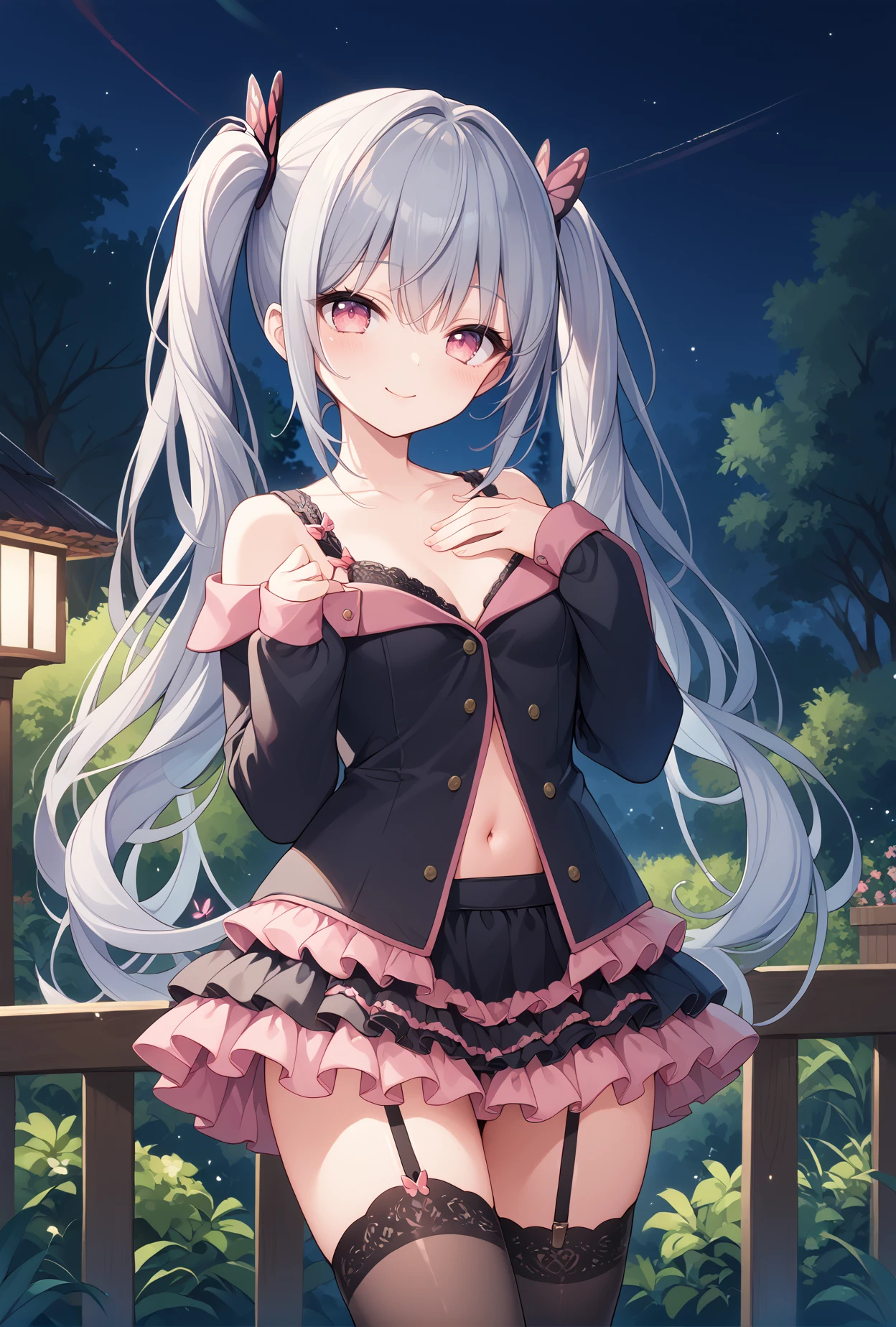 score_9, score_8_up, score_7_up, score_6_up, score_5_up, score_4_up,anime source,
 alicernd, twintails, very long hair, grey hair, pink eyes smile,
  sweetdevil, off shoulder, frilled skirt,layered skirt, garter straps, black thighhighs,butterfly hair ornament,navel,bra,
hand on own chest,arm at side, 
garden, night,wooden fence,  <lora:alice-nikke-richy-v1_pdxl:1>,<lora:sweetdevilXLPony:1>