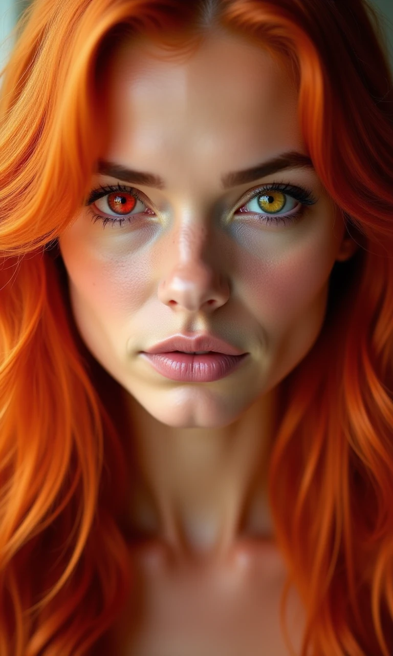 A stunning portrait of a woman with vibrant, fiery ginger hair and heterochromia, featuring one red eye and one yellow eye that stare intensely into the camera.